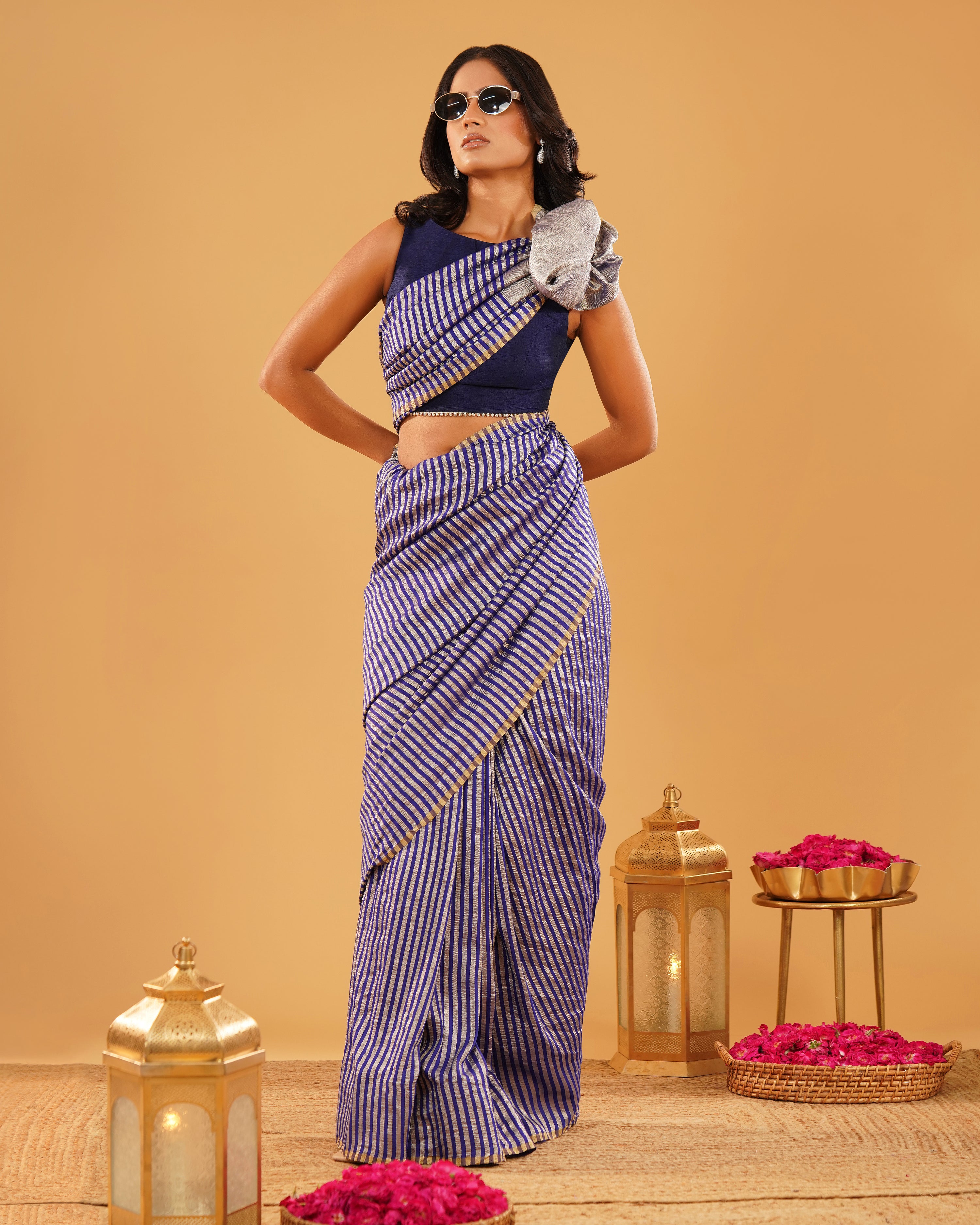 Neeloffer – Banarasi Tissue Silk Saree in Royal Blue with Gold Zari Stripes