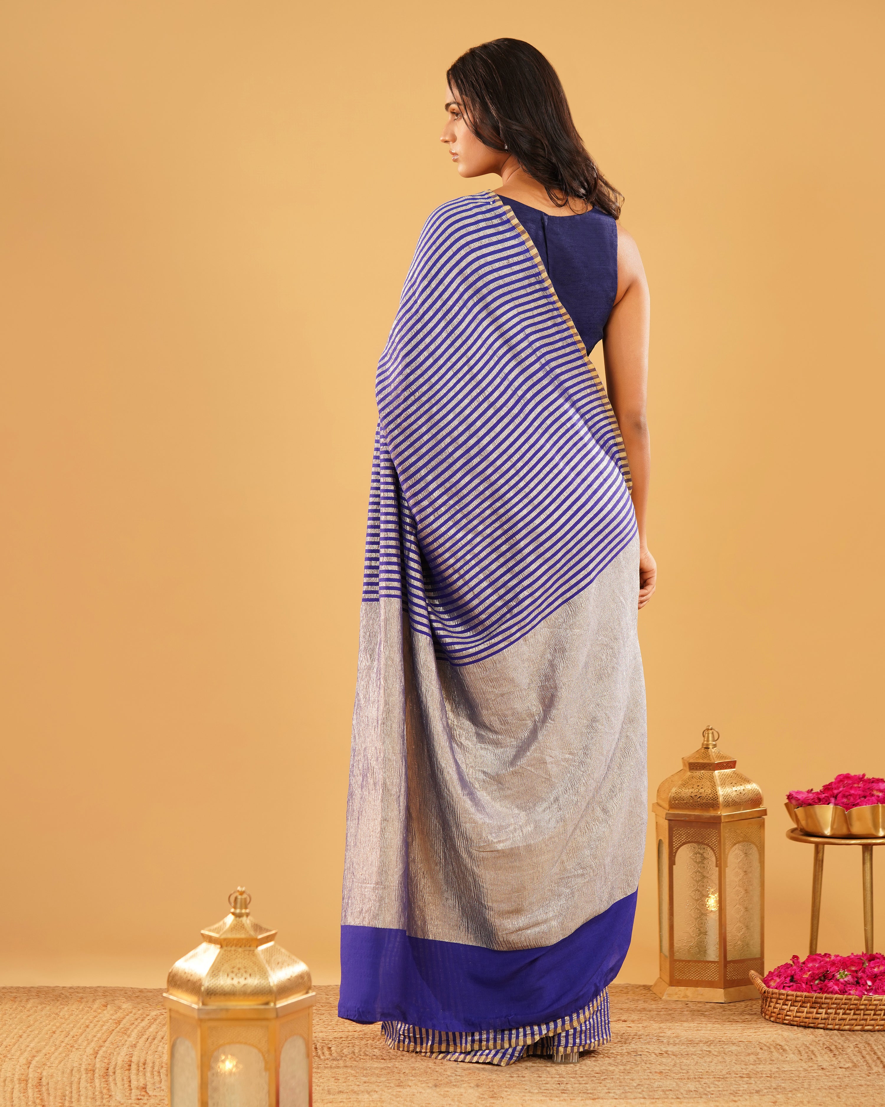 Neeloffer – Banarasi Tissue Silk Saree in Royal Blue with Gold Zari Stripes