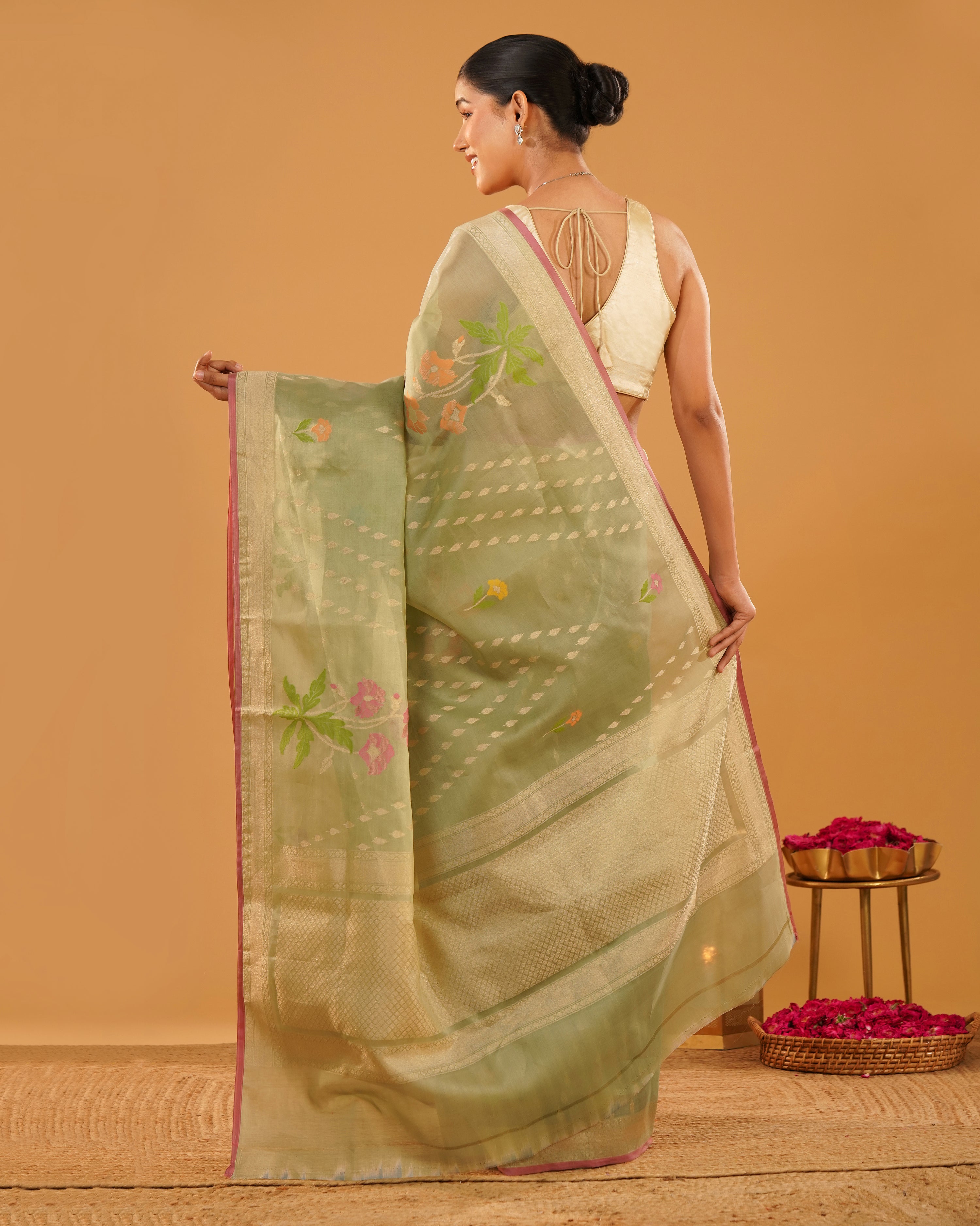 Sabznaz – Banarasi Kora Jamdani Saree in Sage Green with Gold Zari Border