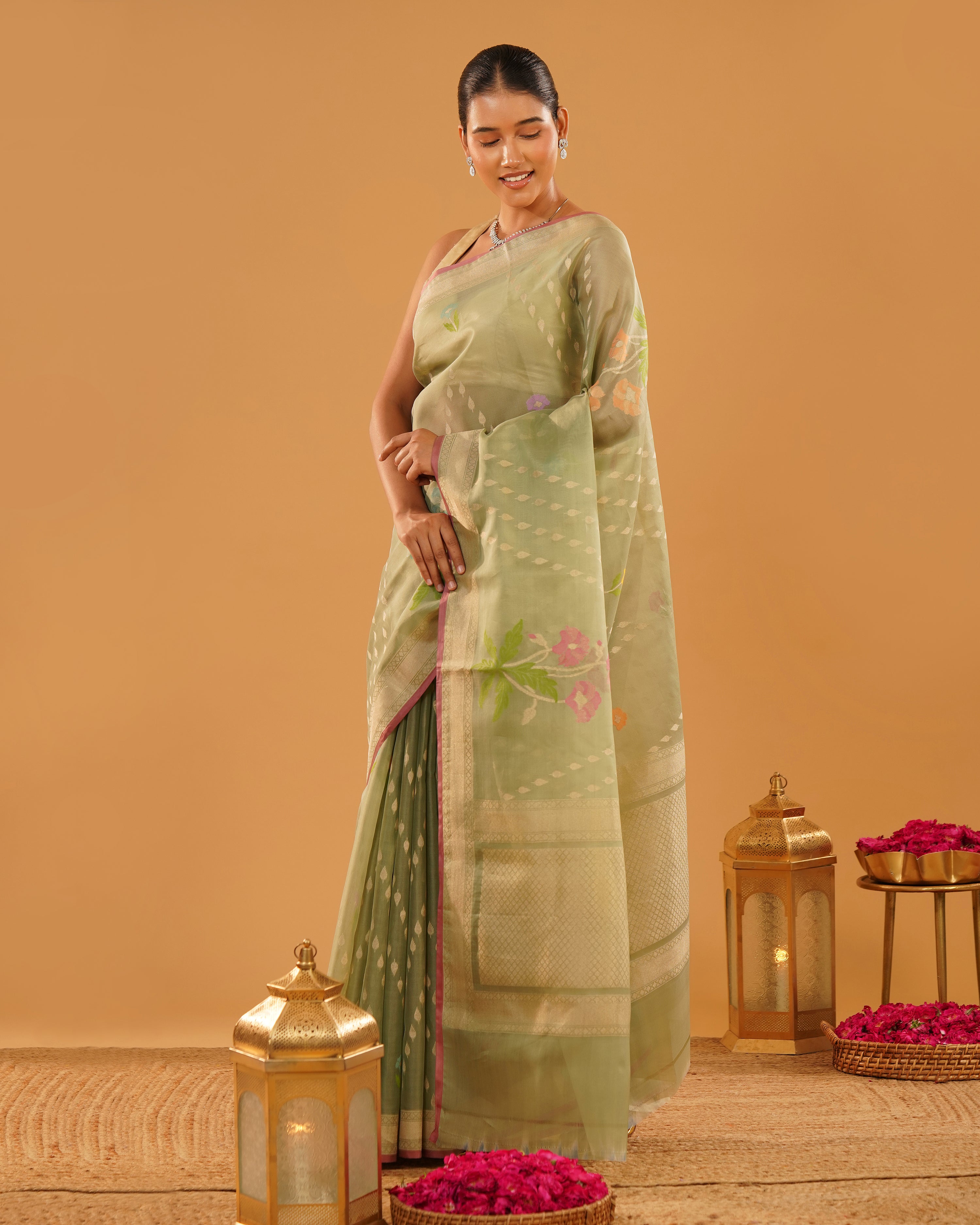 Sabznaz – Banarasi Kora Jamdani Saree in Sage Green with Gold Zari Border