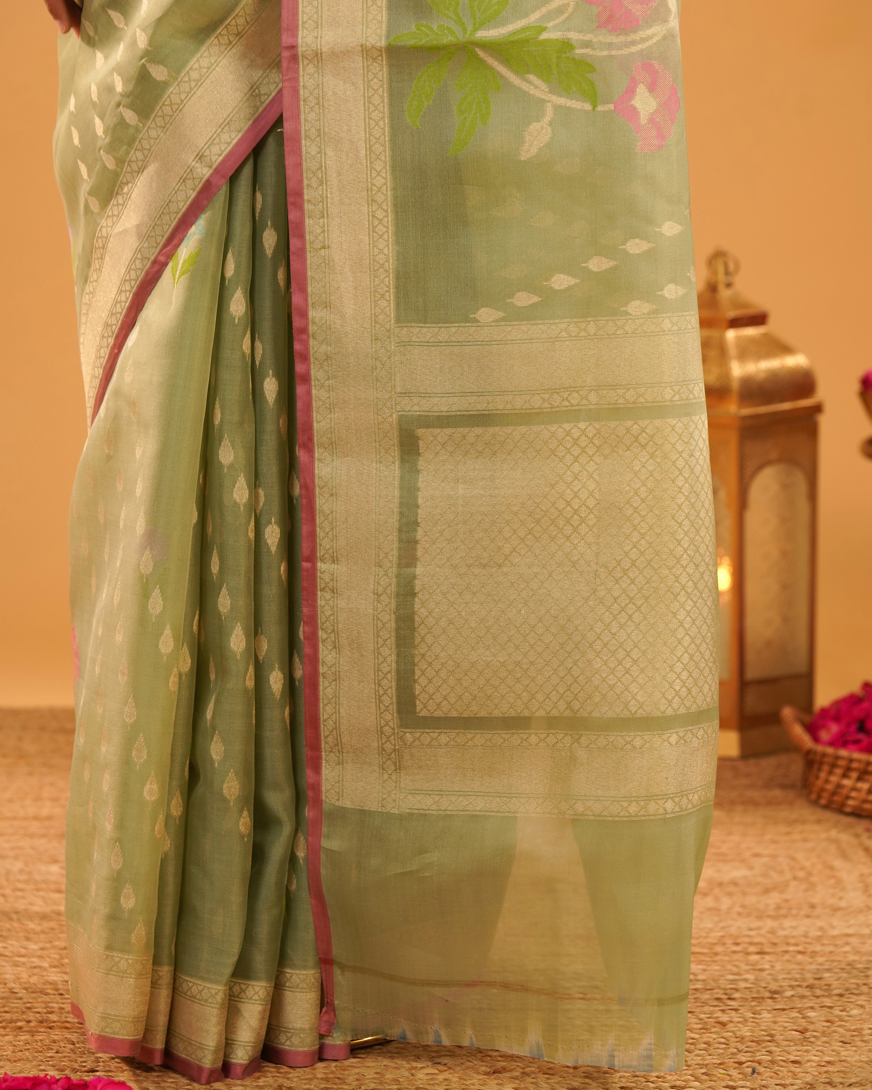 Sabznaz – Banarasi Kora Jamdani Saree in Sage Green with Gold Zari Border