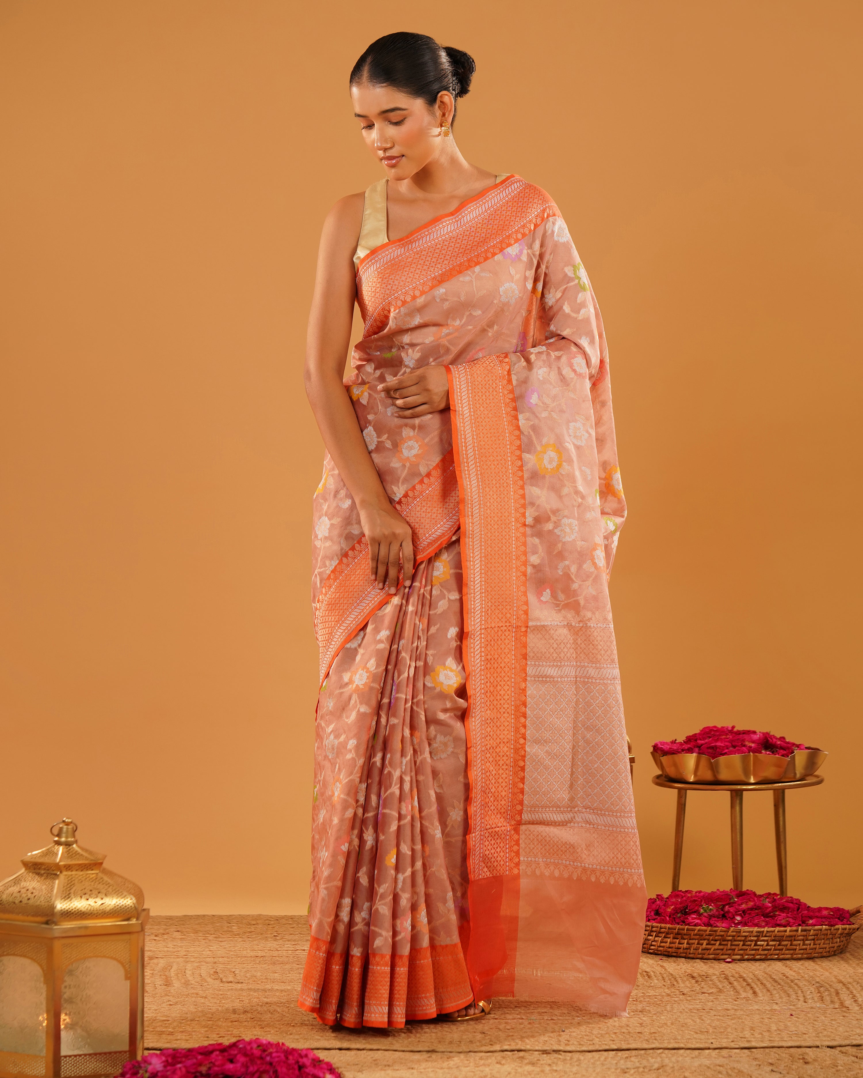 Naranji – Banarasi Kora Jamdani Saree in Peach Coral with Orange-Gold Border