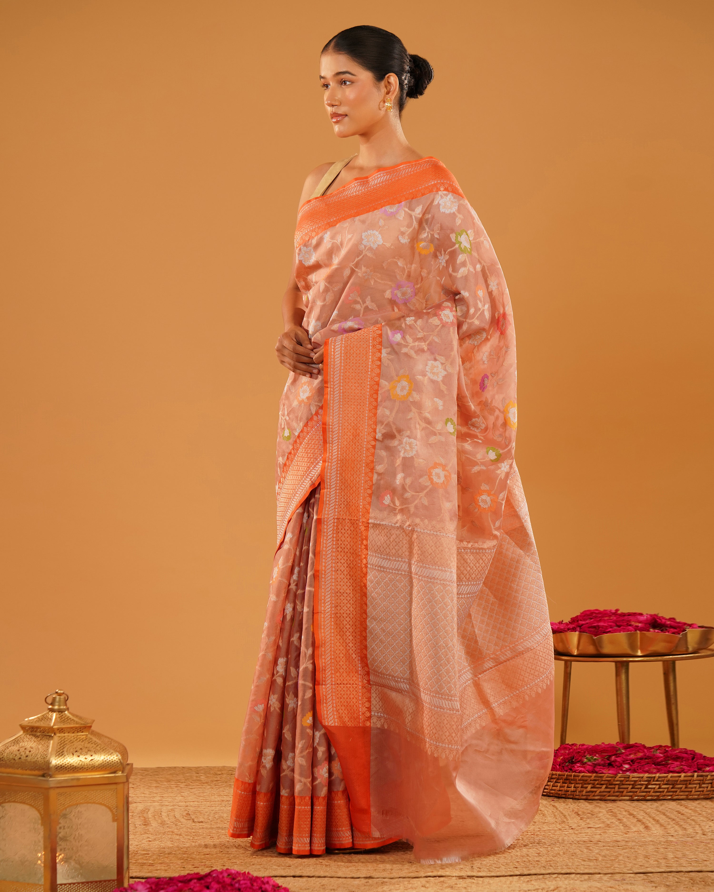 Naranji – Banarasi Kora Jamdani Saree in Peach Coral with Orange-Gold Border