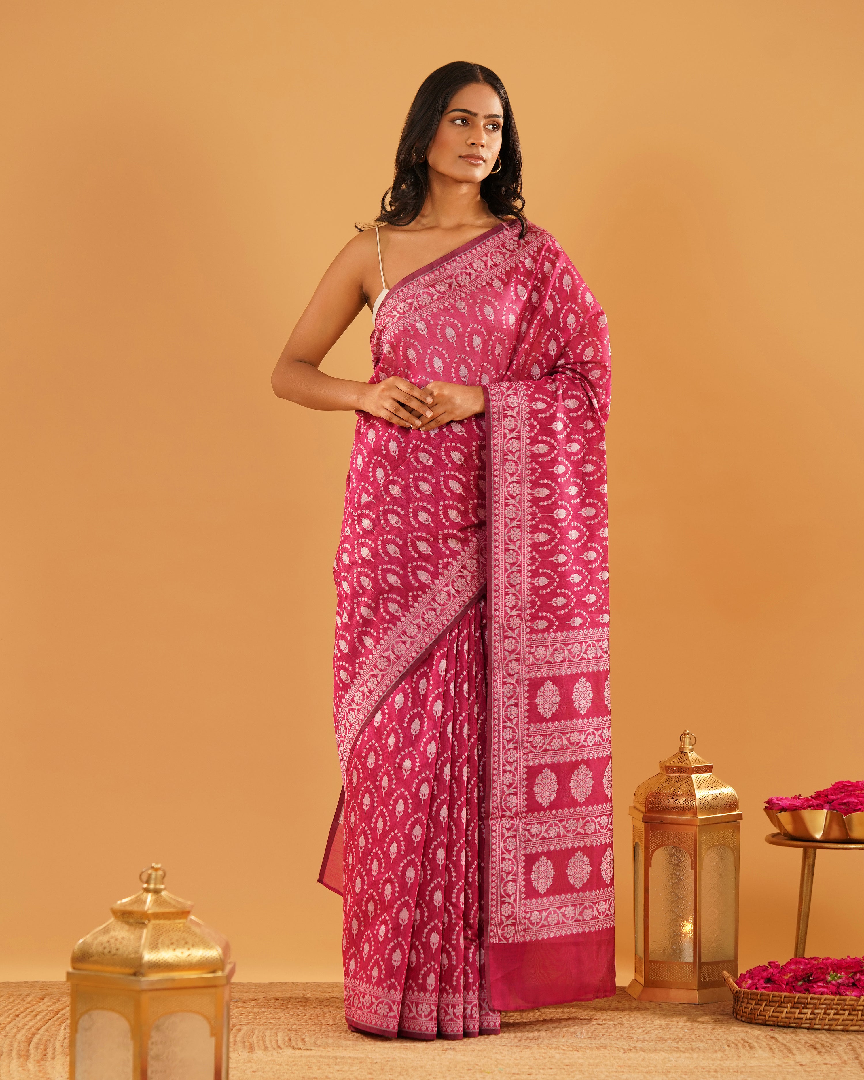 Gulnar – Banarasi Pure Cotton Saree in Rani Pink with Silver Resham Buti