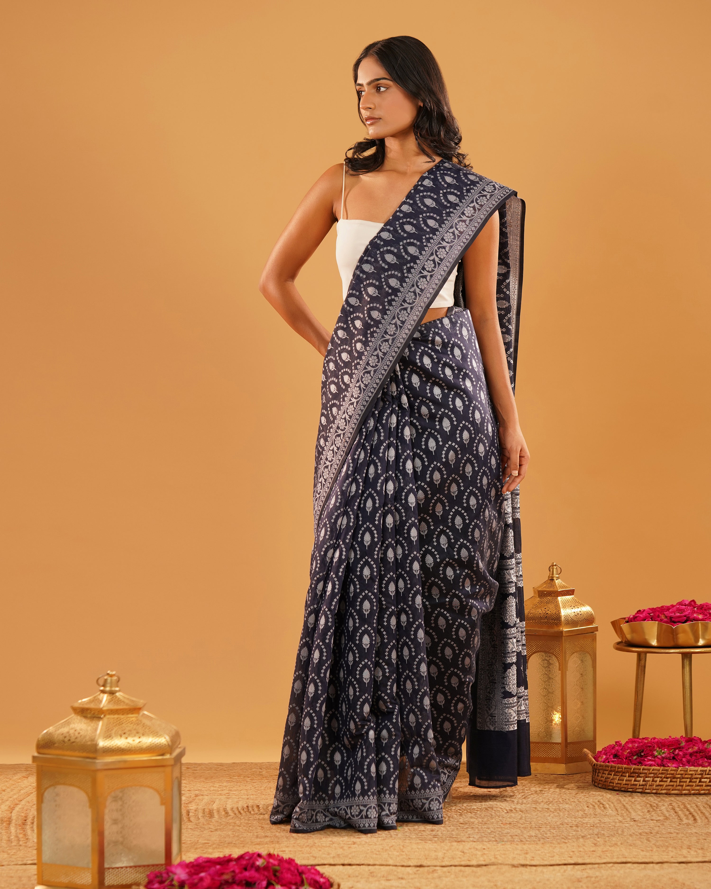 Shabnam – Banarasi Pure Cotton Saree in Indigo Navy with Silver Buti