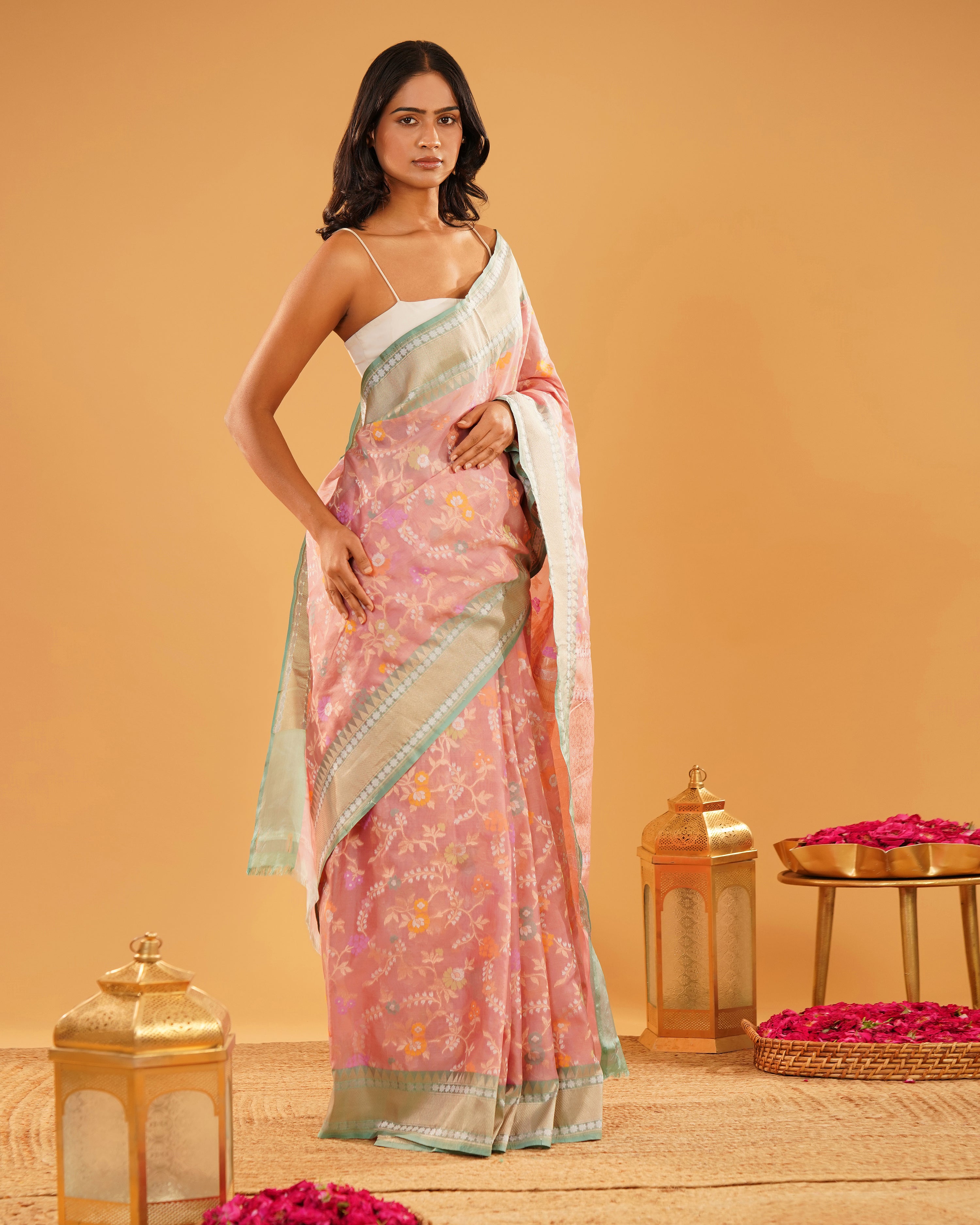 Gul-e-Sehra – Banarasi Kora Jamdani Saree in Blush Pink with Mint-Gold Border