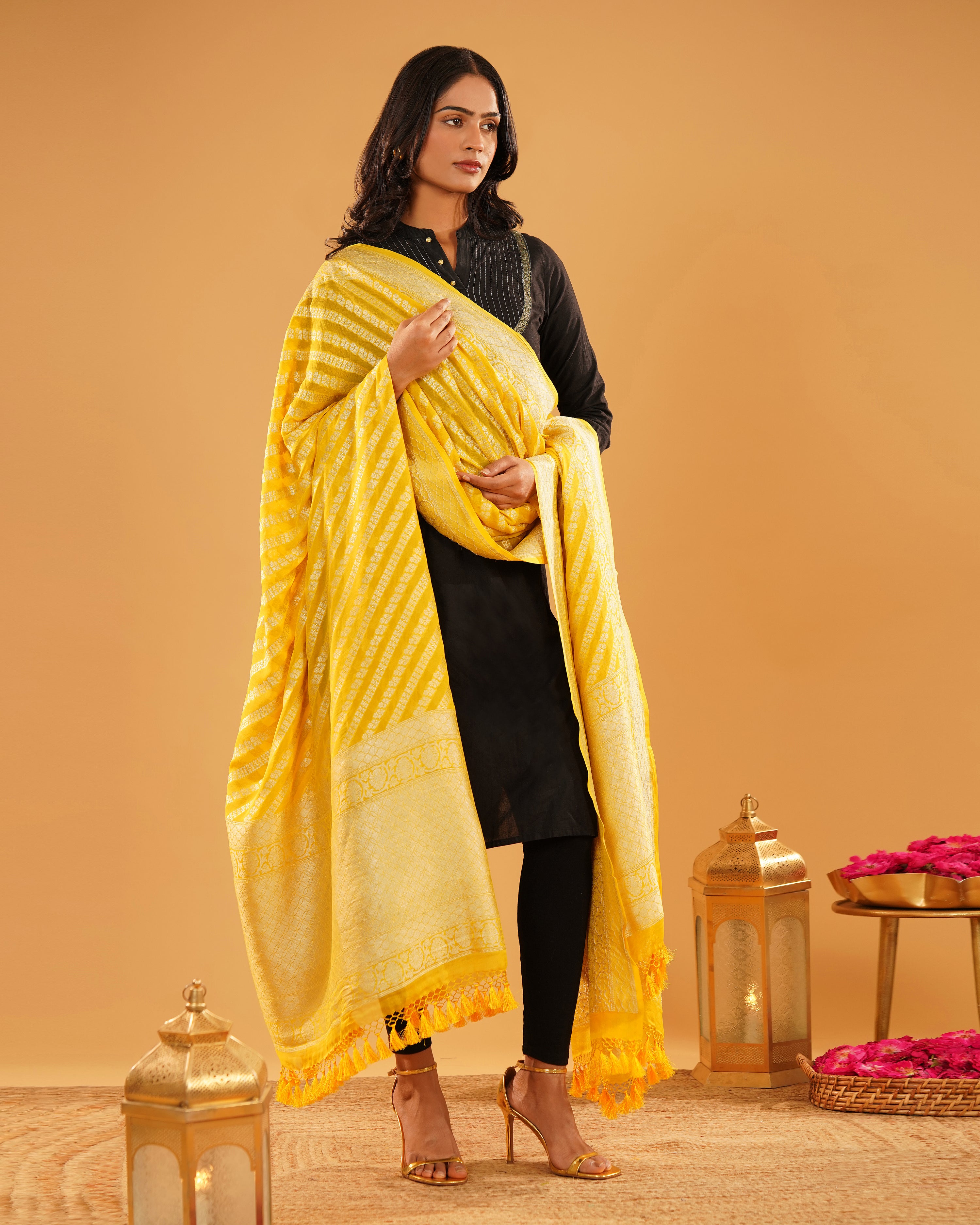 Gulaal – Banarasi Khaddi Silk Dupatta in Haldi Yellow with Gold-Silver Zari