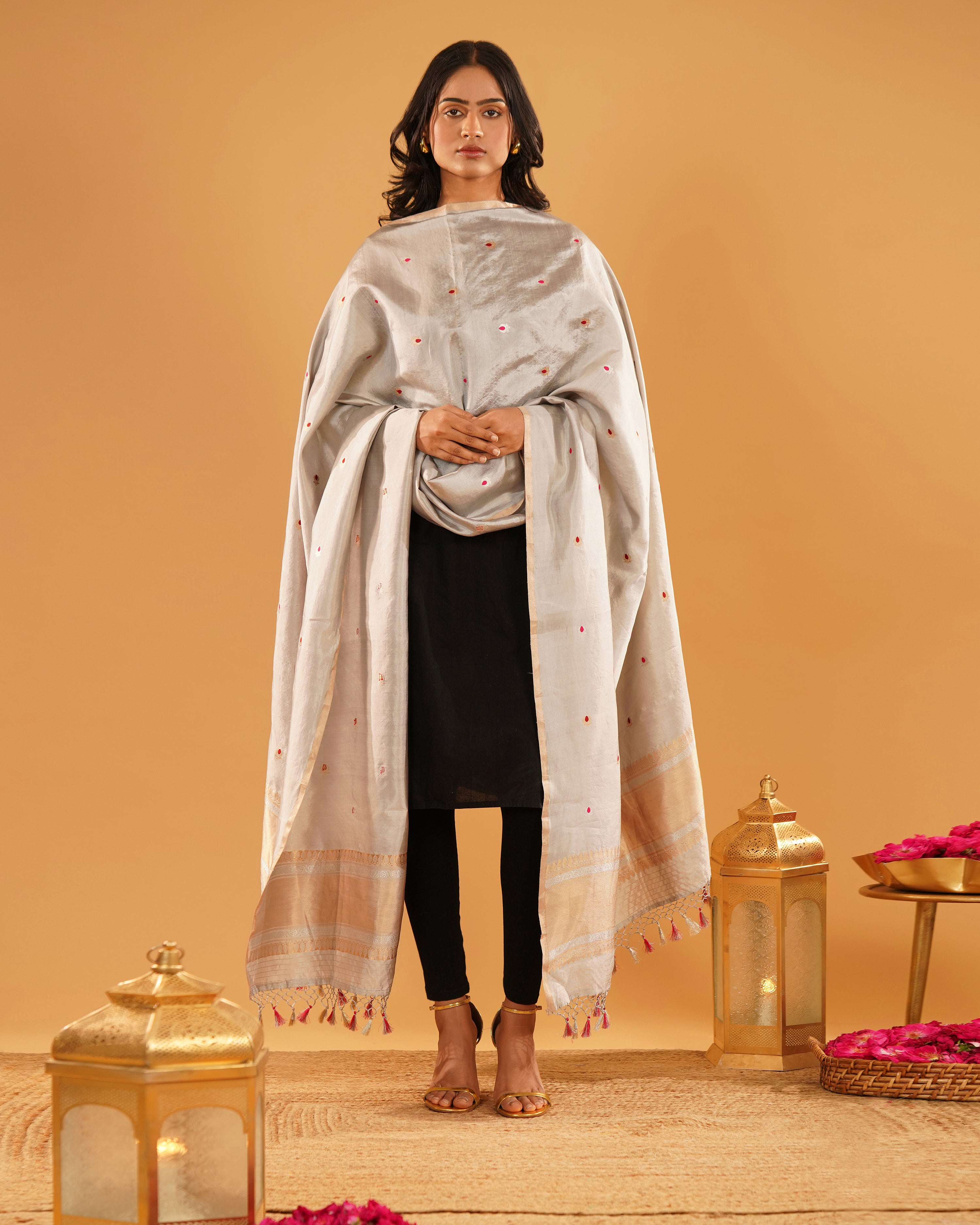Chandni – Banarasi Pure Silk Dupatta in Silver Grey with Meenakari Buti