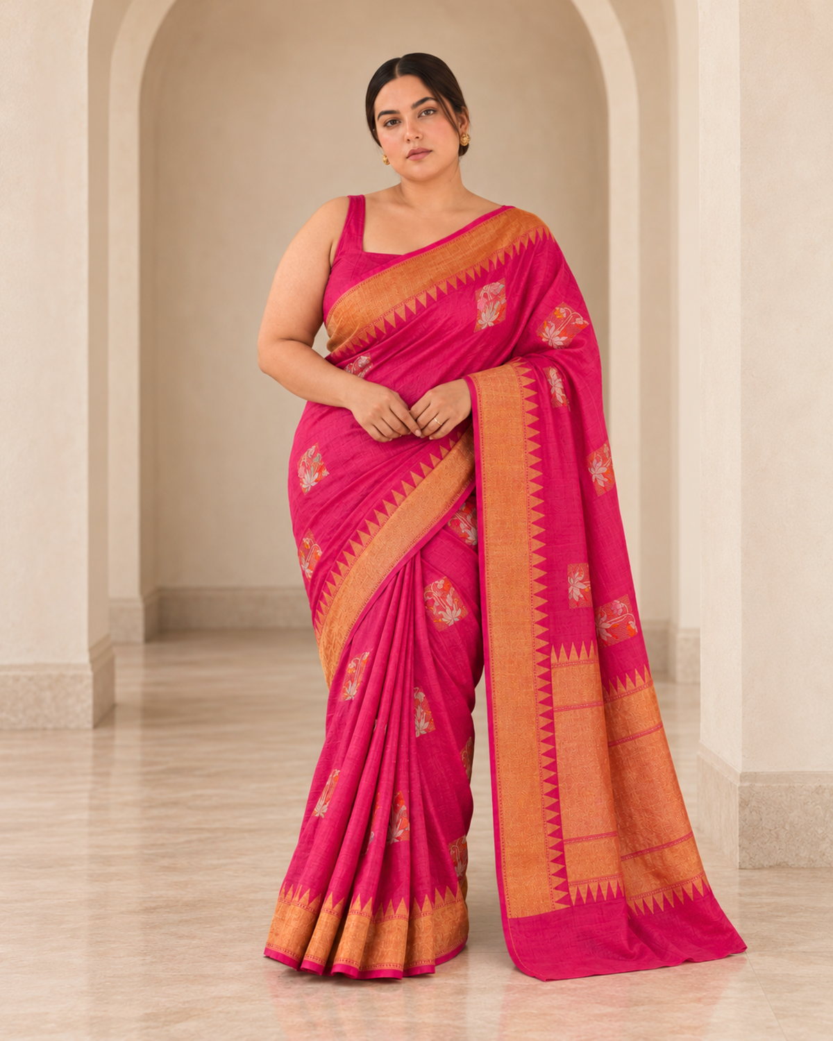 Rangrez – Pure Tussar Silk Saree in Rani Pink with Temple Border