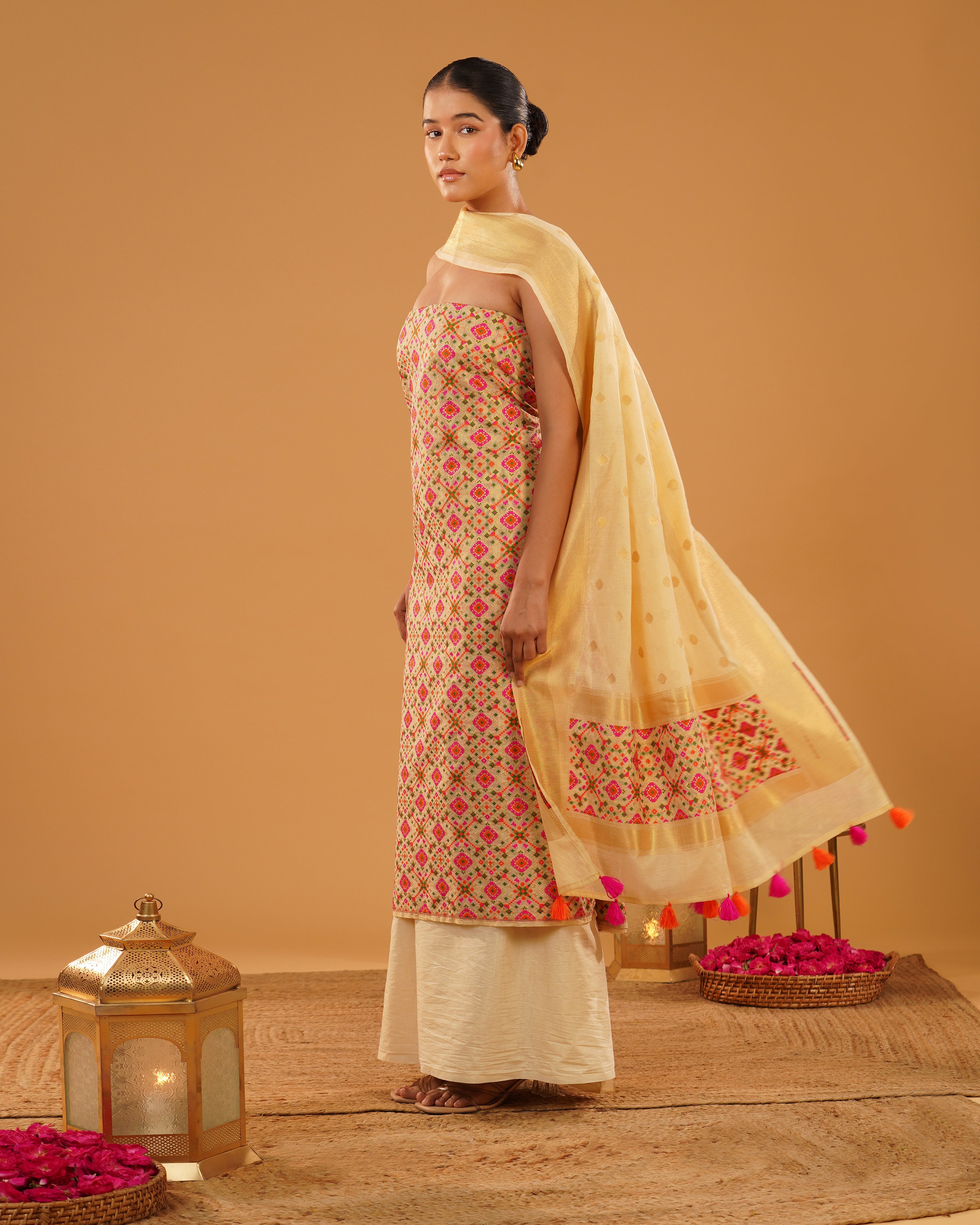 Zarbano – Banarasi Pure Cotton Suit Set in Cream Gold with Patola Weave