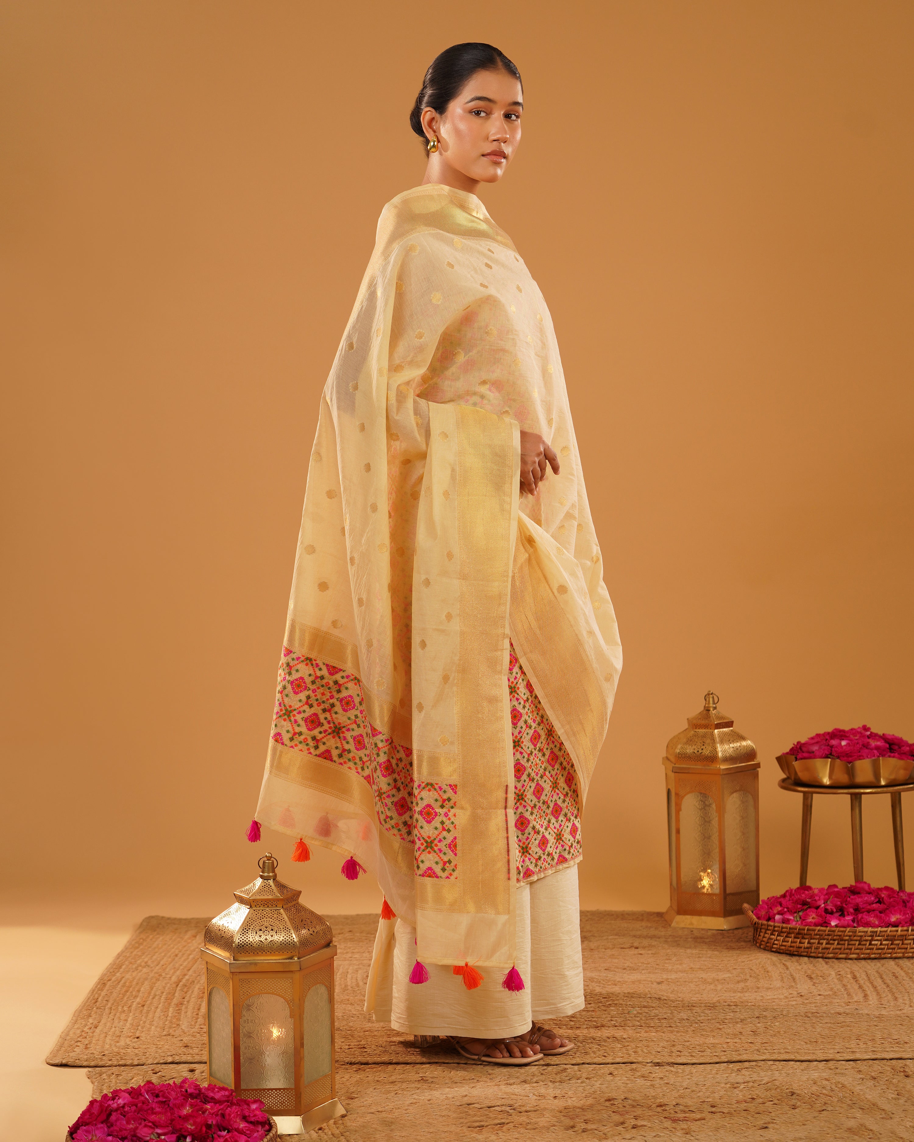 Zarbano – Banarasi Pure Cotton Suit Set in Cream Gold with Patola Weave