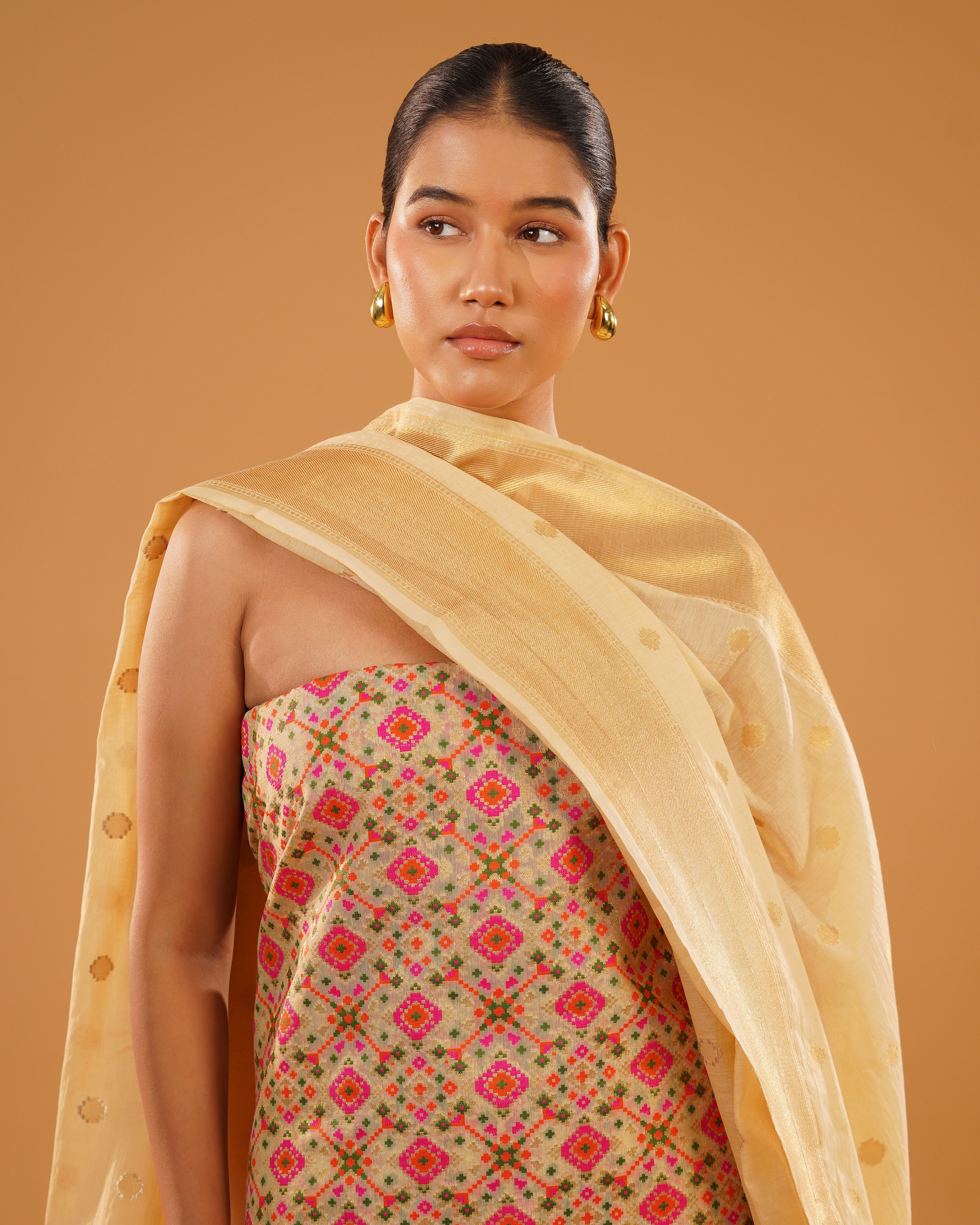 Zarbano – Banarasi Pure Cotton Suit Set in Cream Gold with Patola Weave