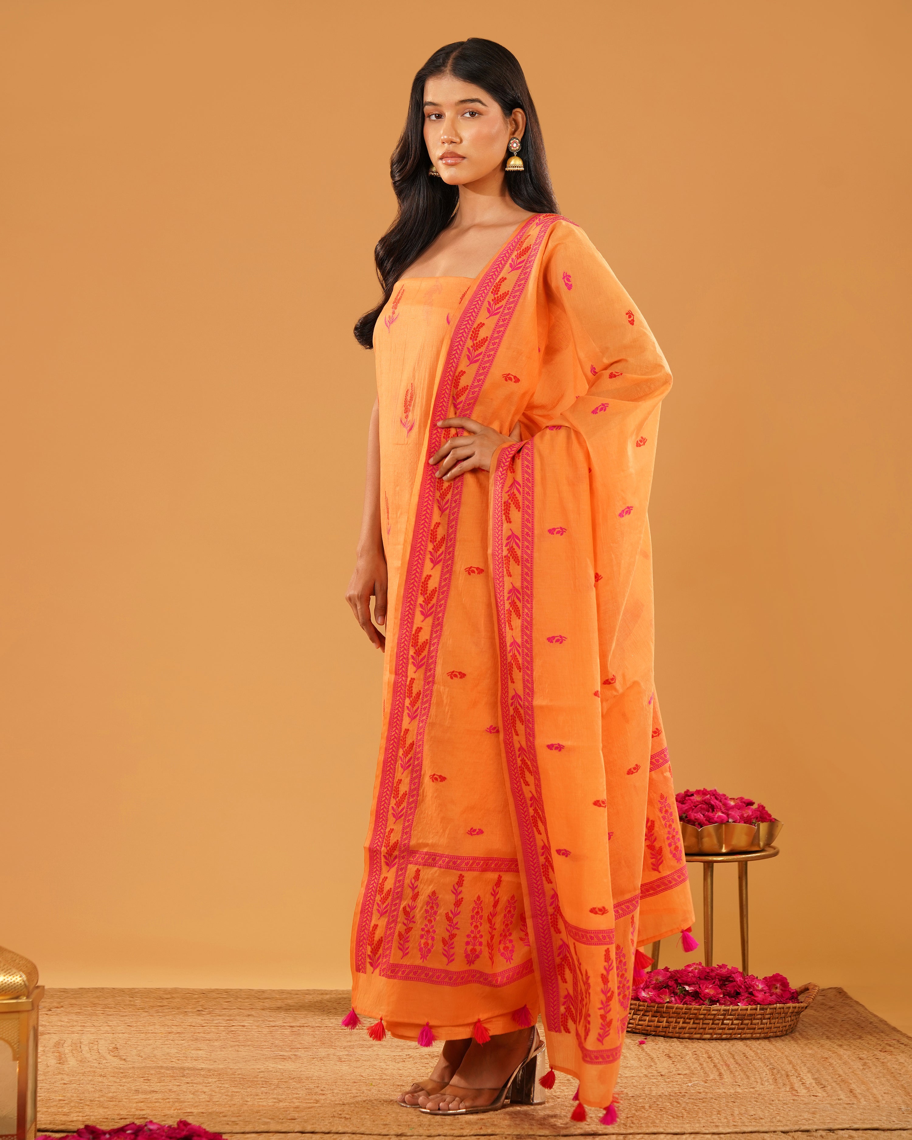 Dhoop – Banarasi Pure Cotton Suit Set in Marigold Orange with Floral Buti