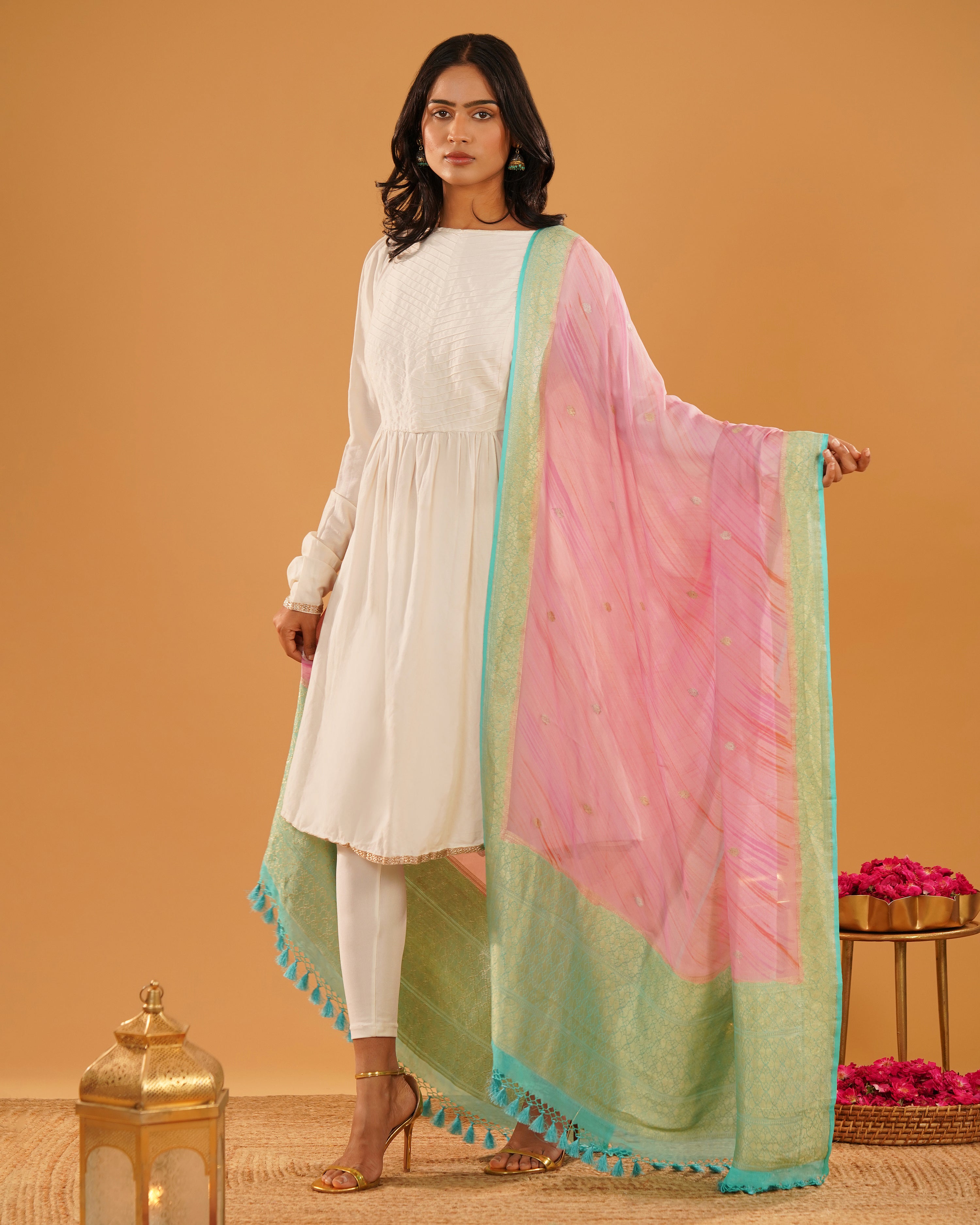 Gulabi – Banarasi Khaddi Silk Dupatta in Soft Pink with Mint-Gold Border