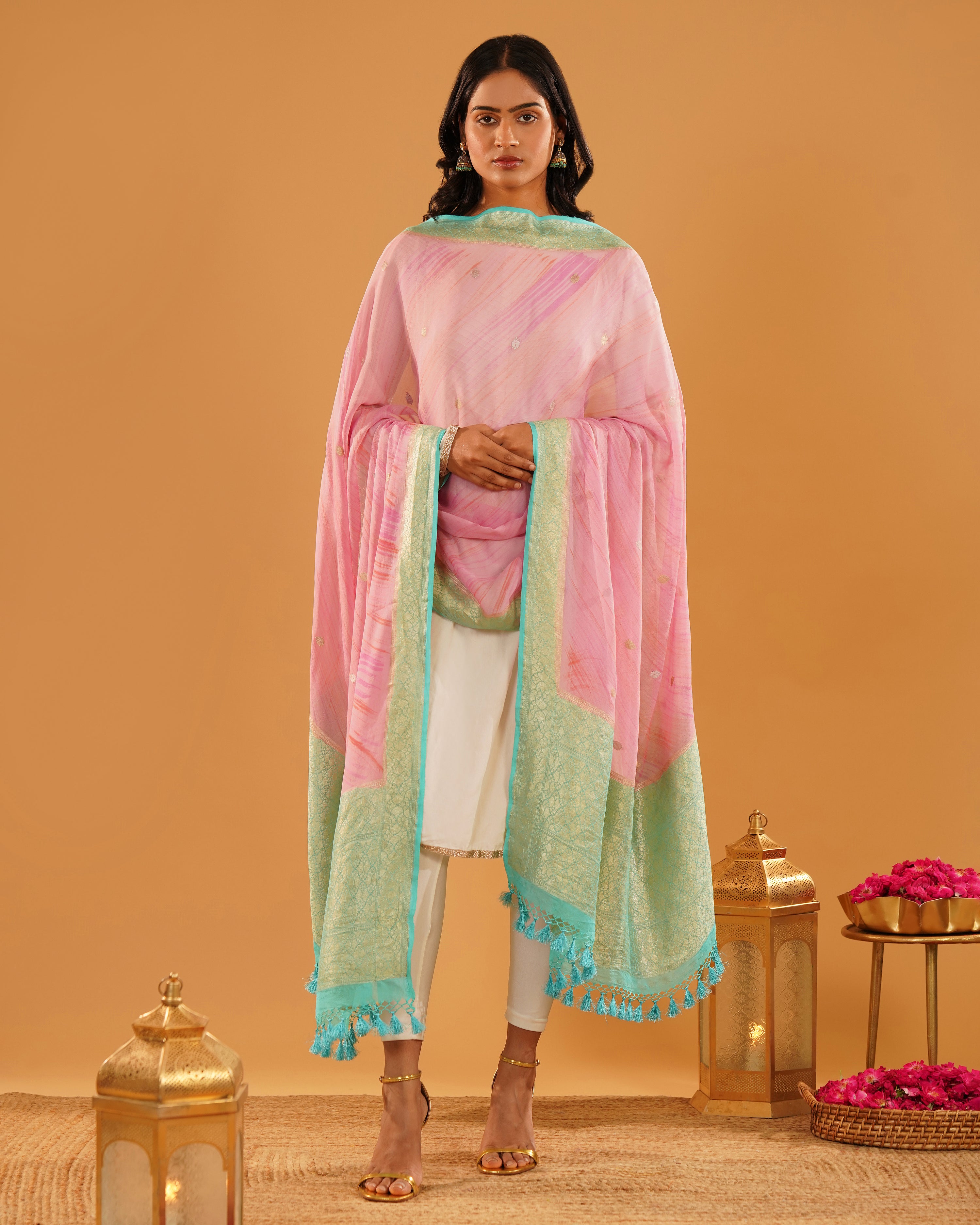 Gulabi – Banarasi Khaddi Silk Dupatta in Soft Pink with Mint-Gold Border