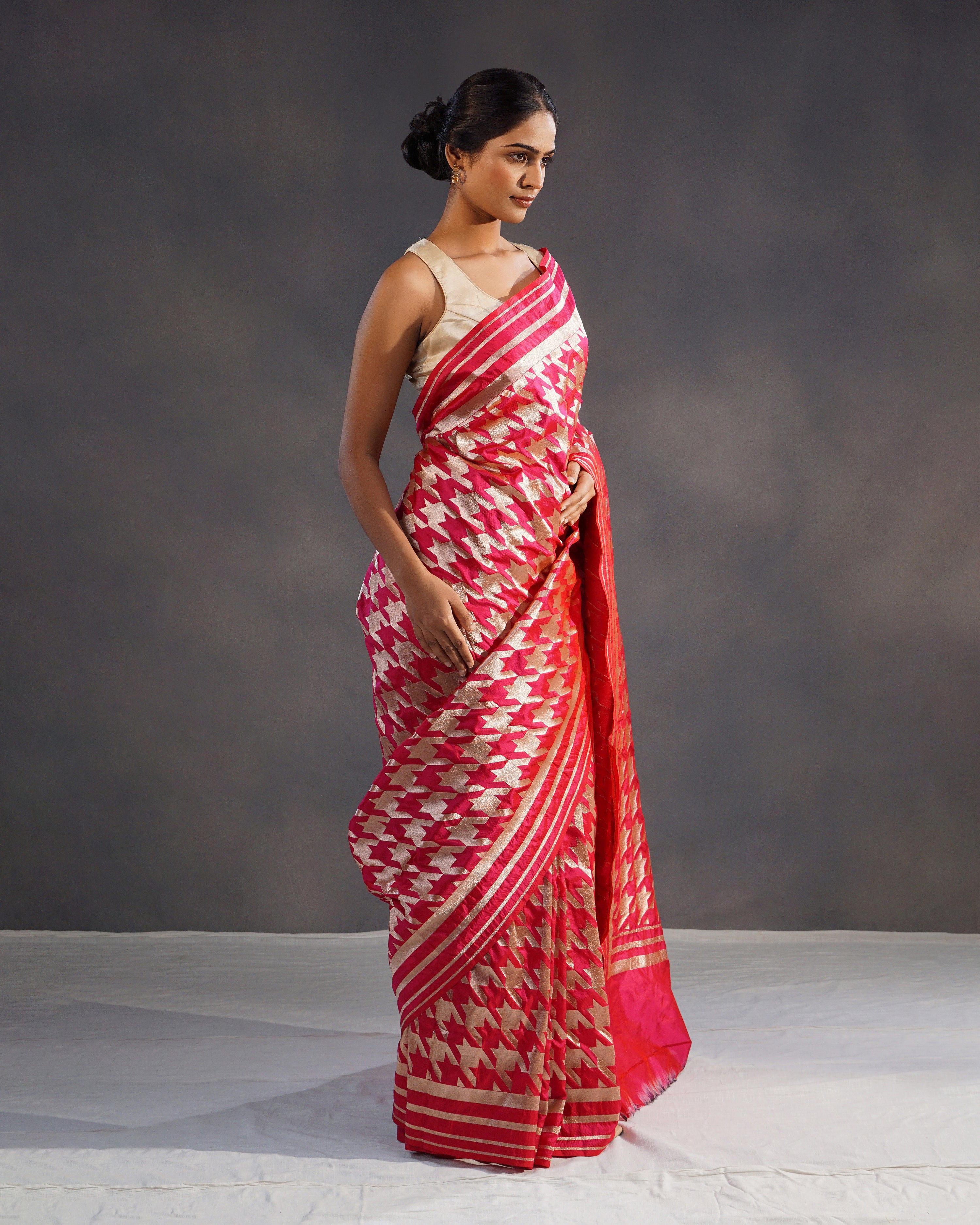 Naqsh – Pure Katan Silk Banarasi Saree in Rani Red with Gold Geometric Jaal