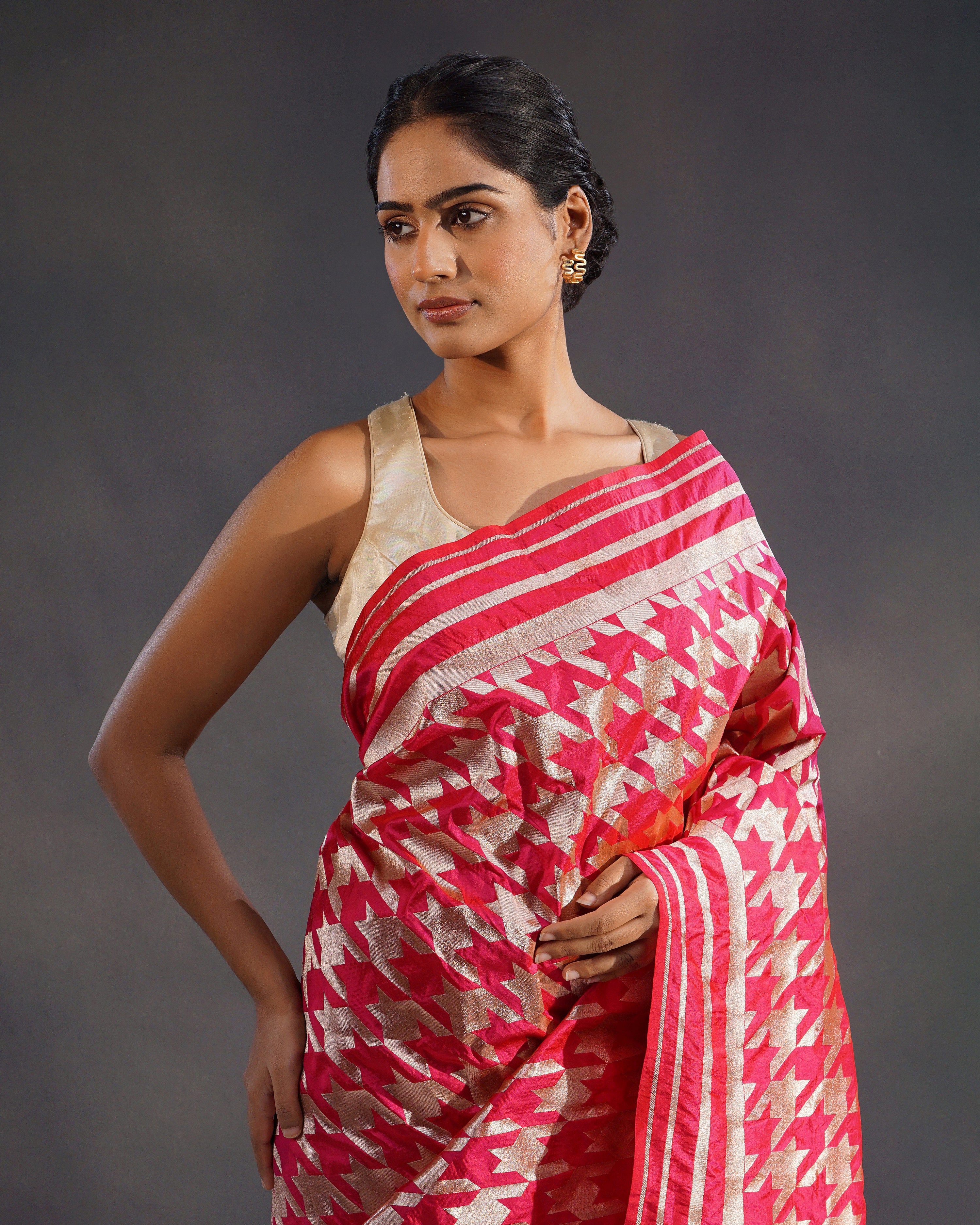 Naqsh – Pure Katan Silk Banarasi Saree in Rani Red with Gold Geometric Jaal