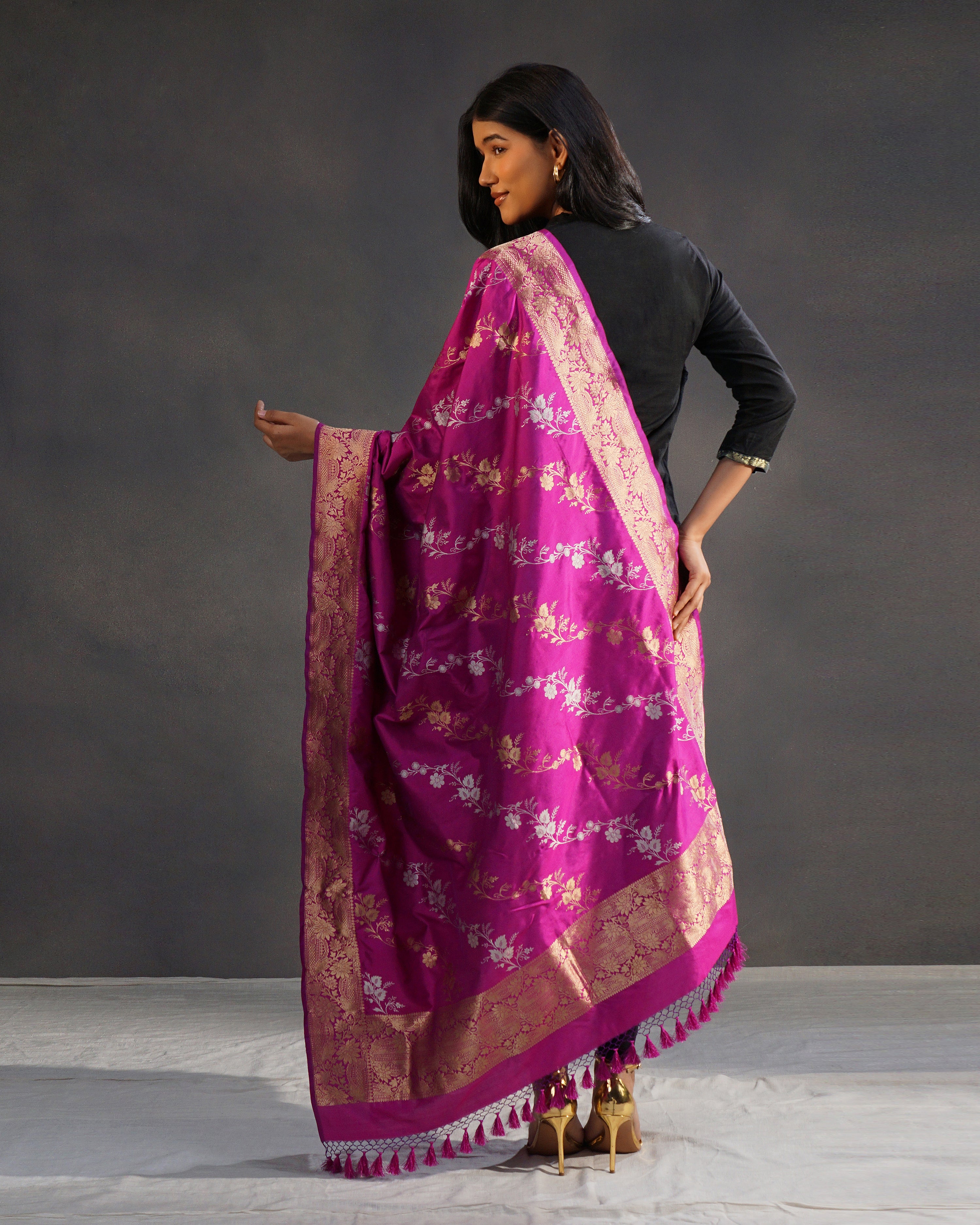 Rani – Pure Katan Silk Banarasi Dupatta in Magenta with Gold Jaal