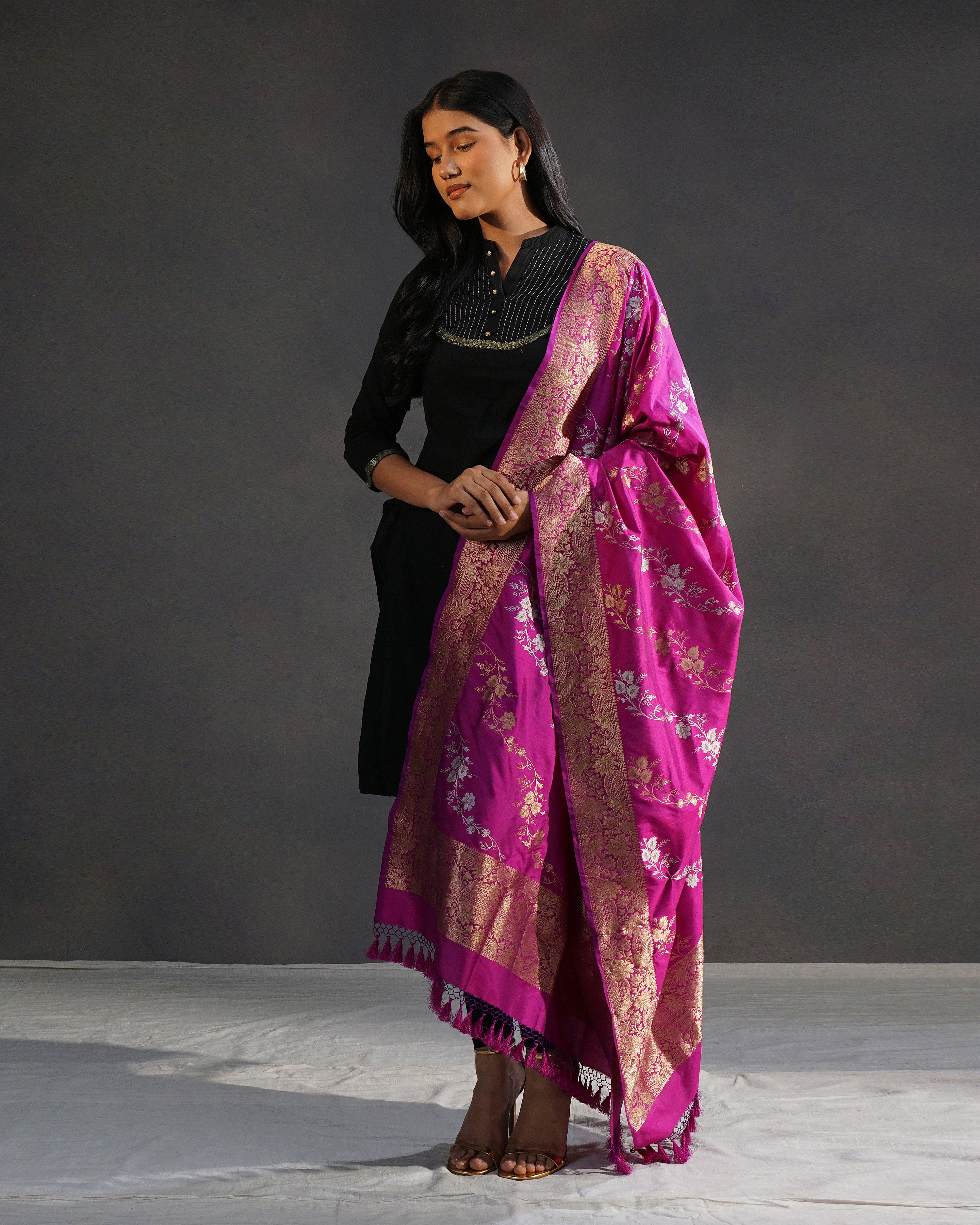 Rani – Pure Katan Silk Banarasi Dupatta in Magenta with Gold Jaal