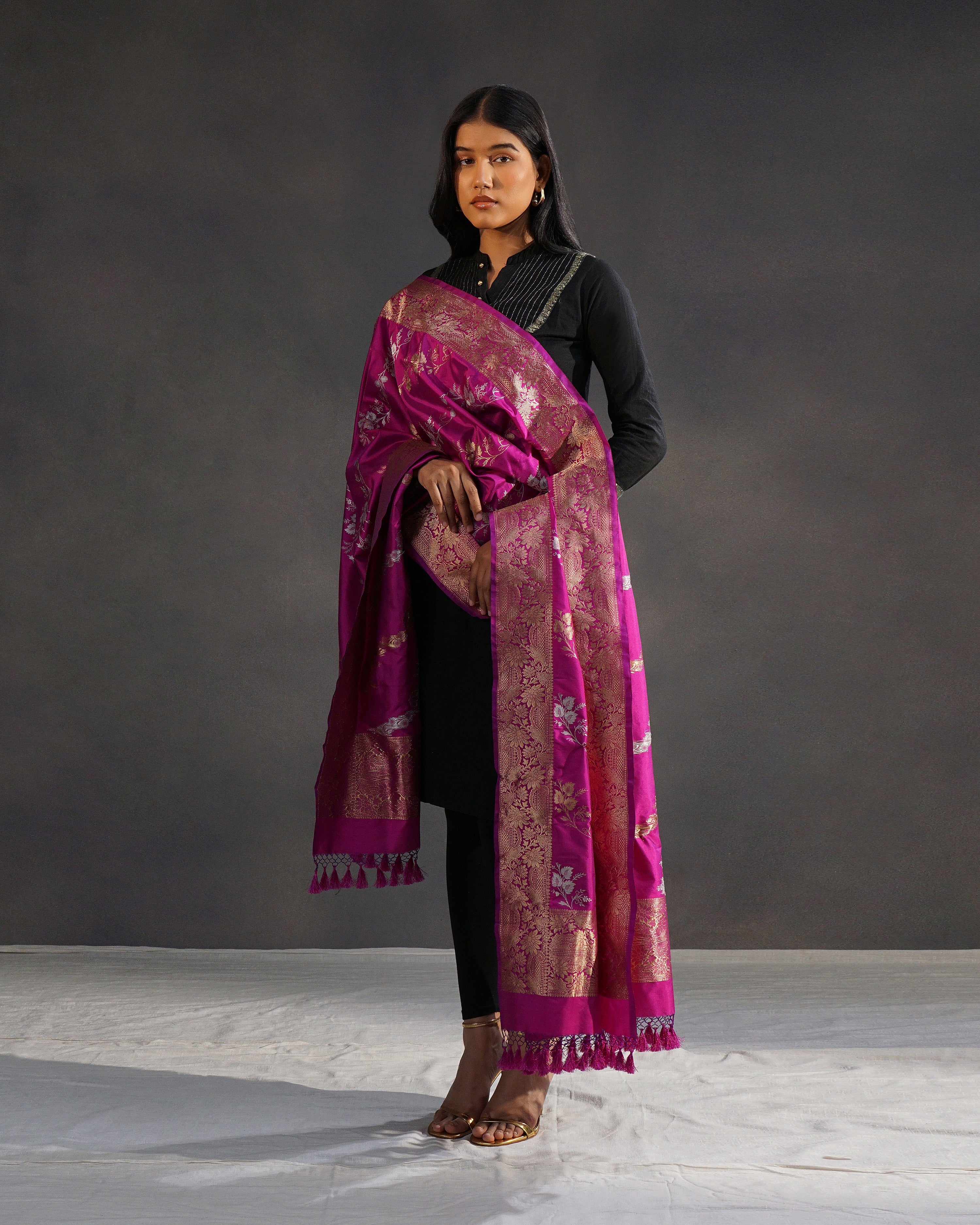 Rani – Pure Katan Silk Banarasi Dupatta in Magenta with Gold Jaal