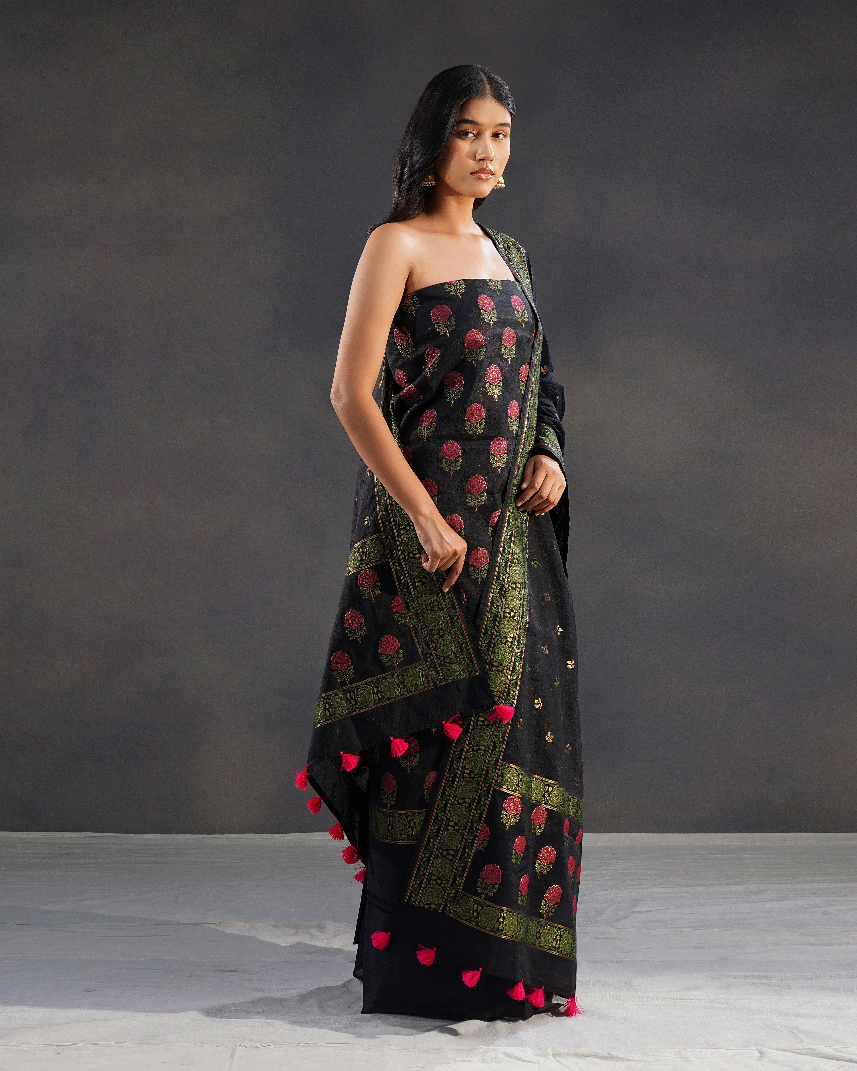 Gulshan – Banarasi Pure Cotton Suit Set in Black with Rose Buti