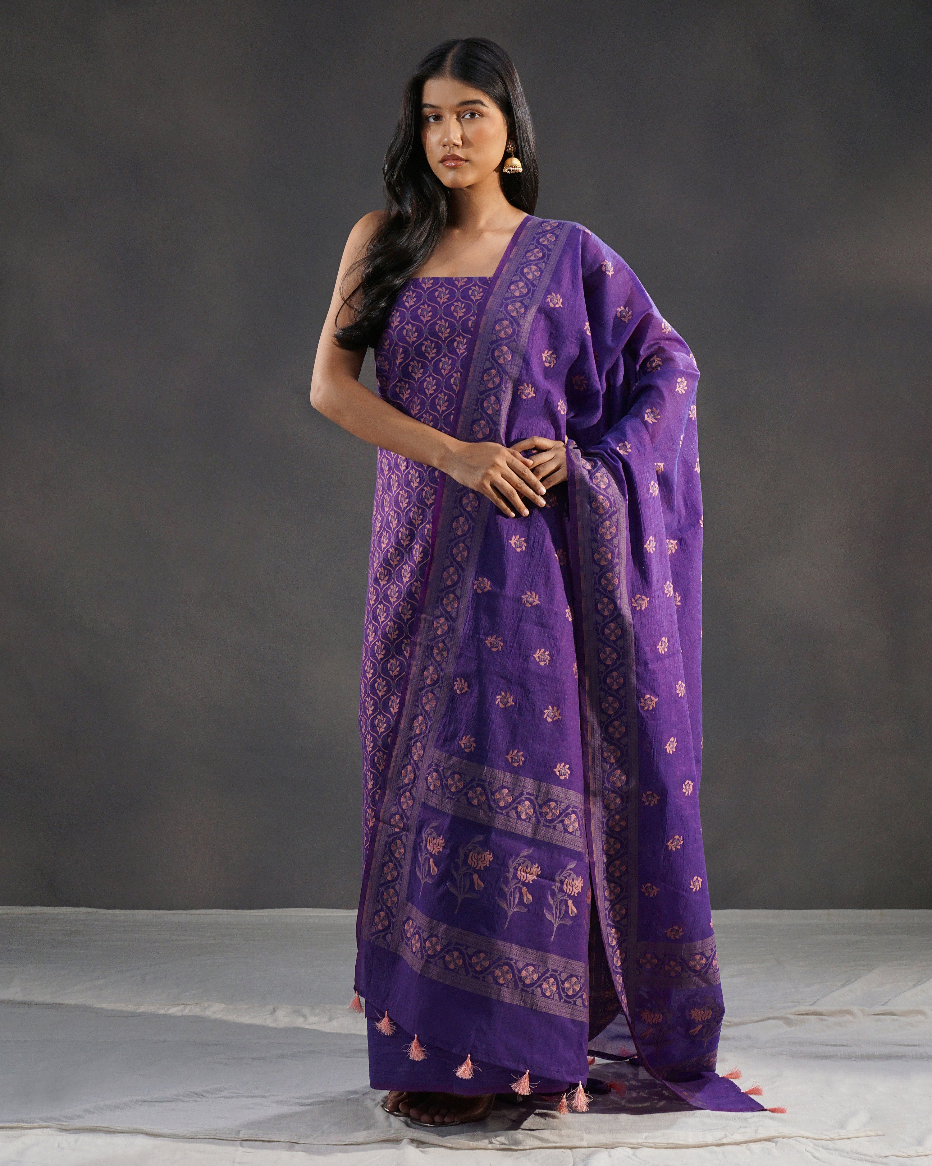 Banafsaj – Banarasi Pure Cotton Suit Set in Deep Violet with Meenakari Buti