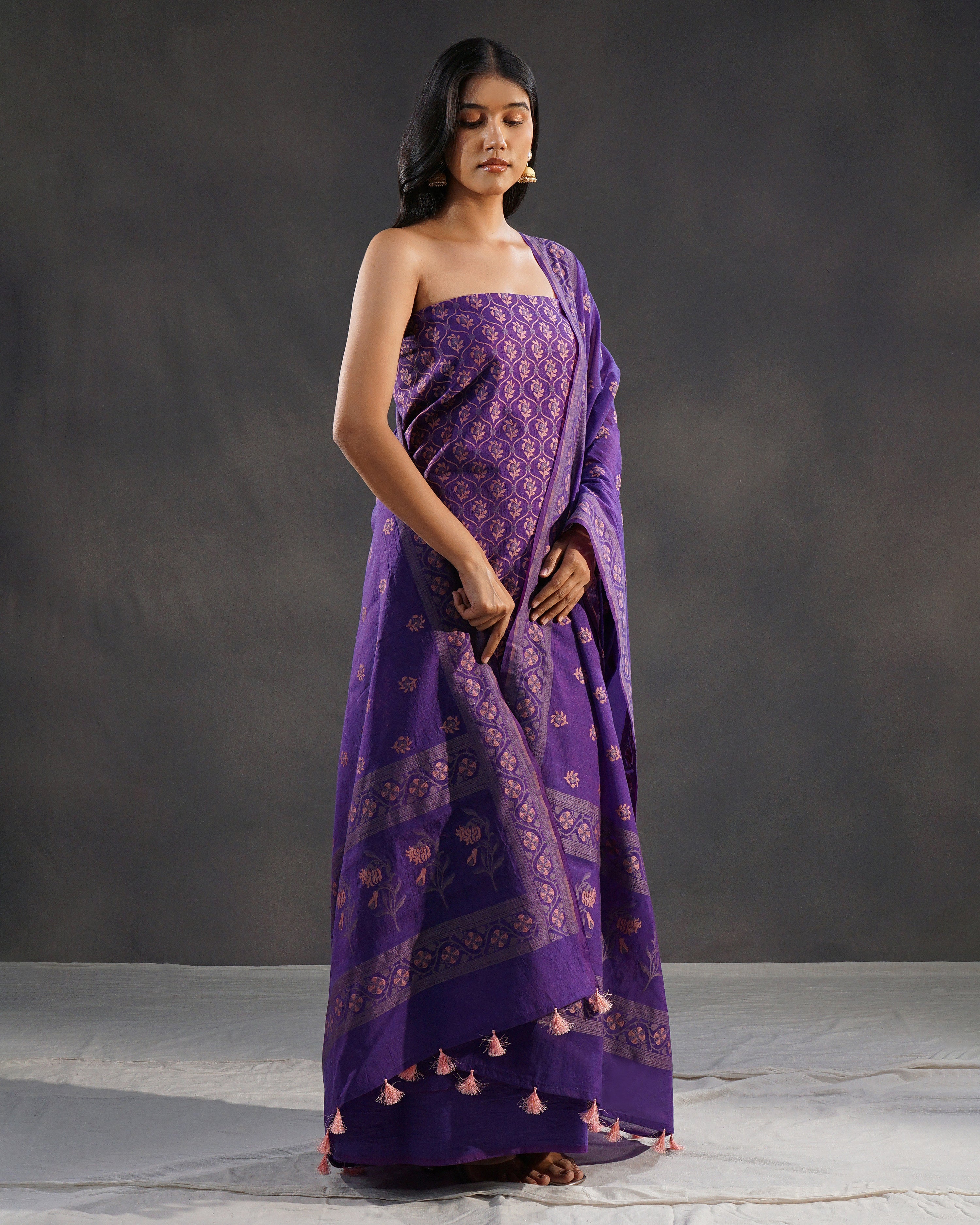 Banafsaj – Banarasi Pure Cotton Suit Set in Deep Violet with Meenakari Buti