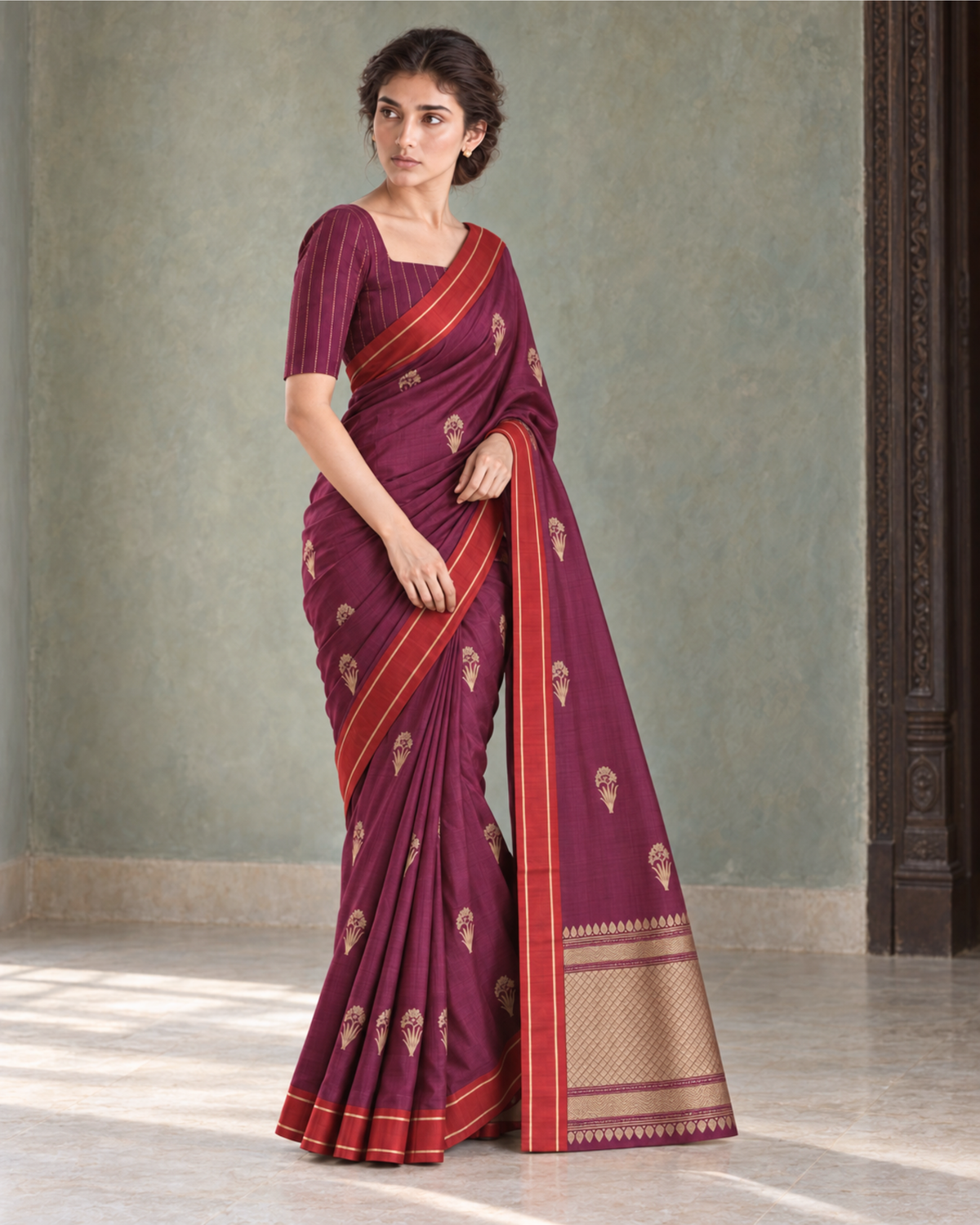 Rangan – Banarasi Pure Silk Saree in Wine with Bootidar