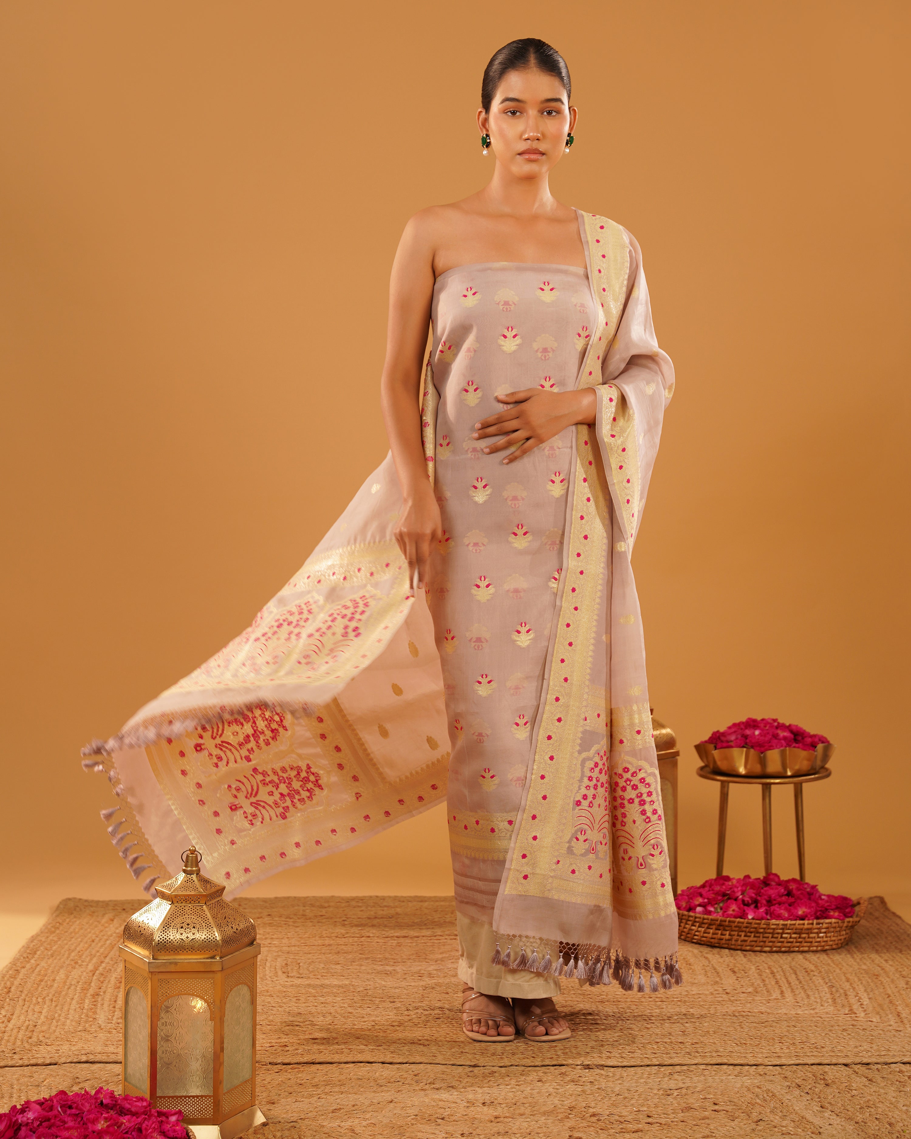 Wardah – Banarasi Organza Kora Silk Suit Set in Blush Rose & Gold