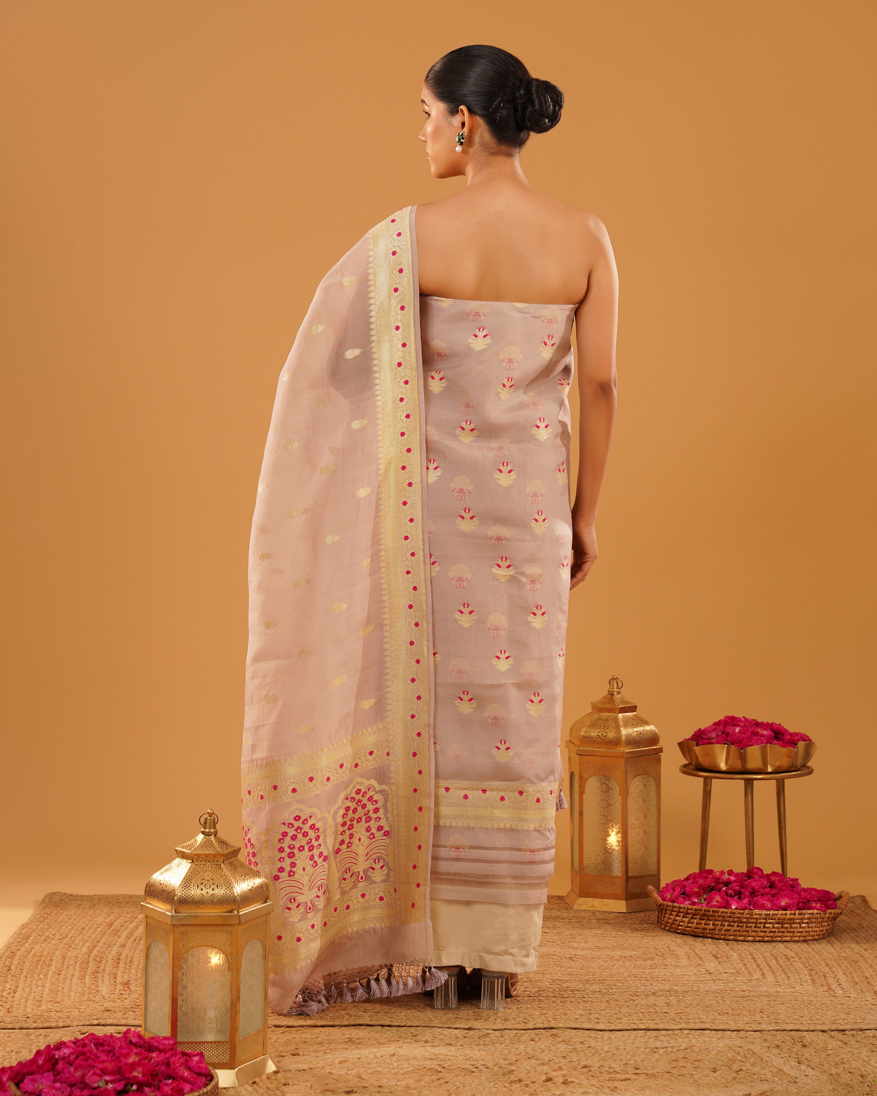 Wardah – Banarasi Organza Kora Silk Suit Set in Blush Rose & Gold