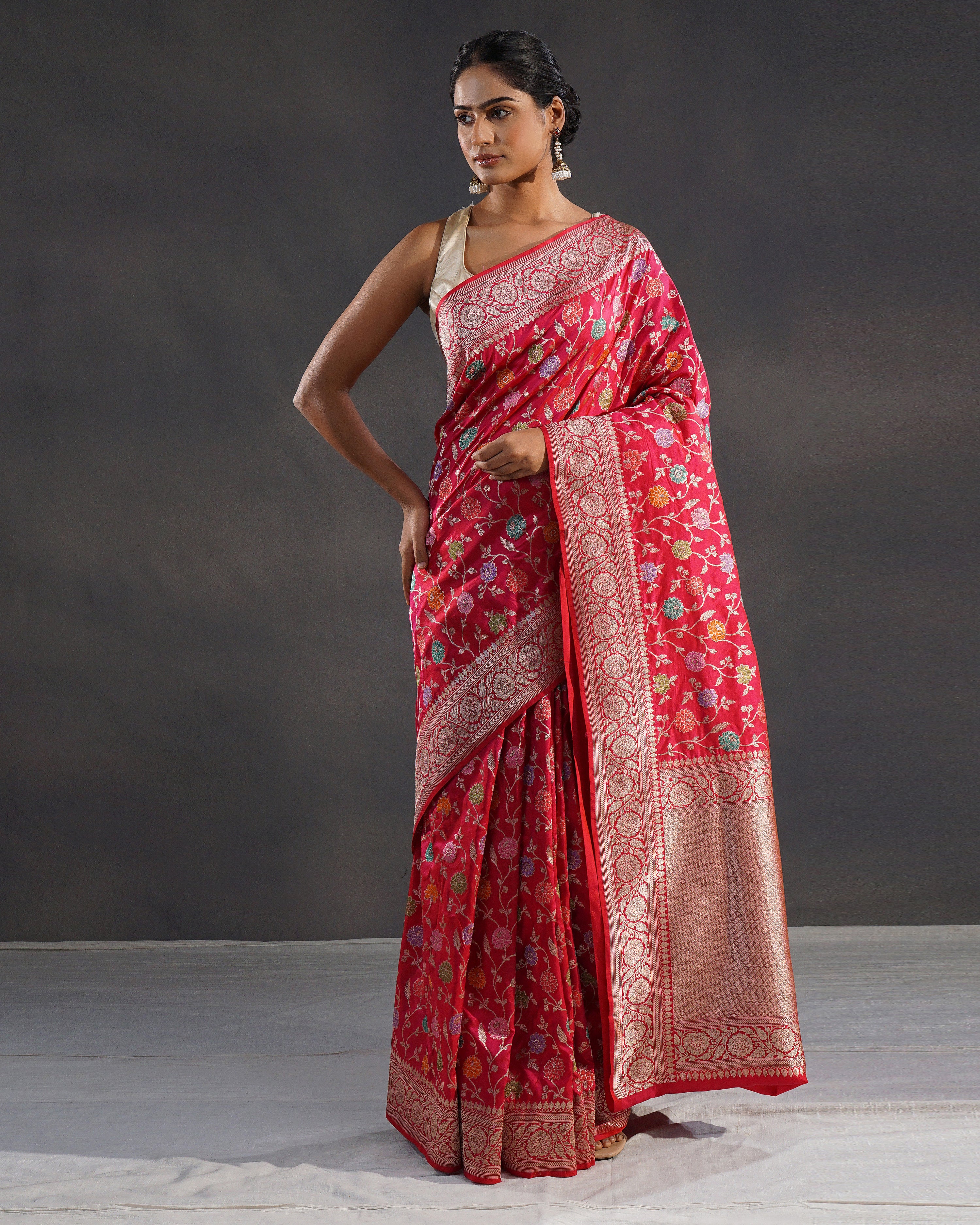 Gulabo – Pure Katan Silk Banarasi Saree in Rani Red with Meenakari Phool Jaal