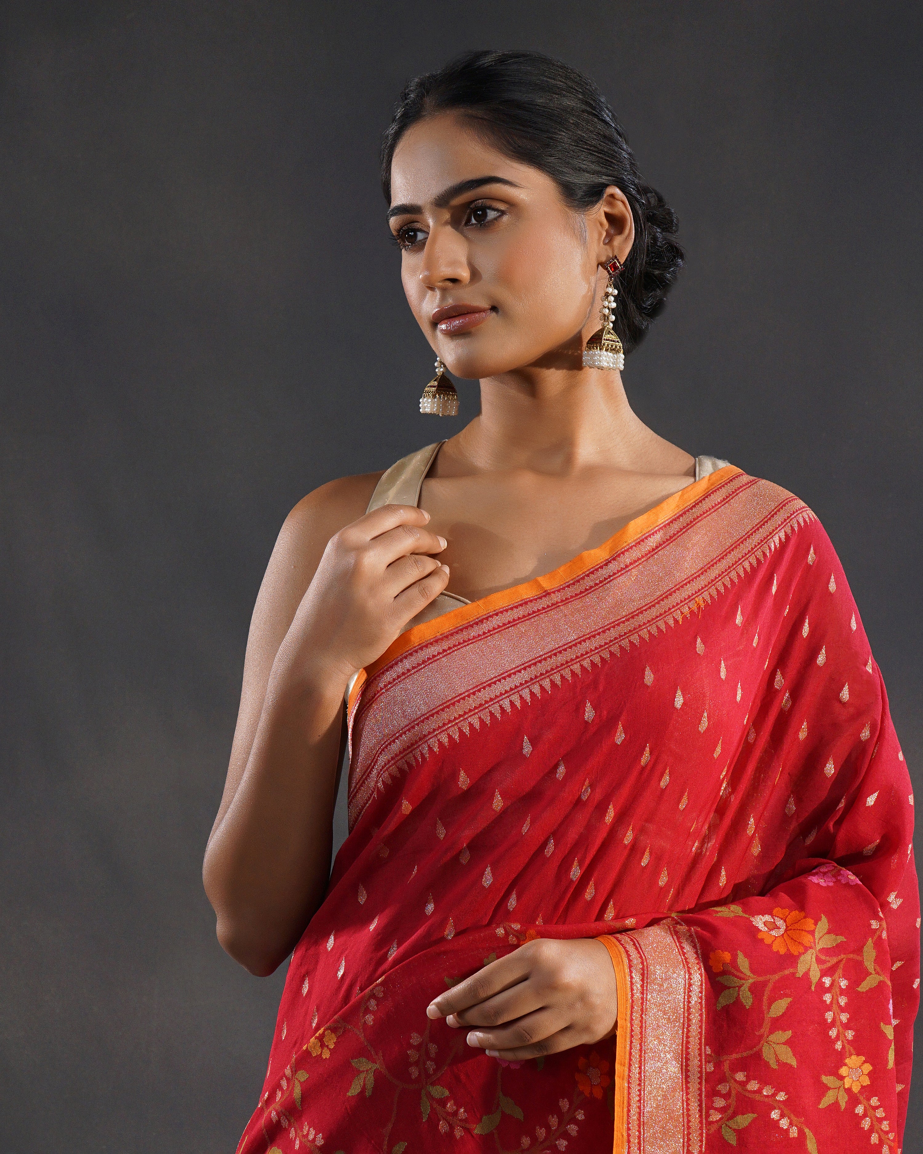 Surkhi – Banarasi Cotton Jamdani Saree in Deep Red with Gold Buti