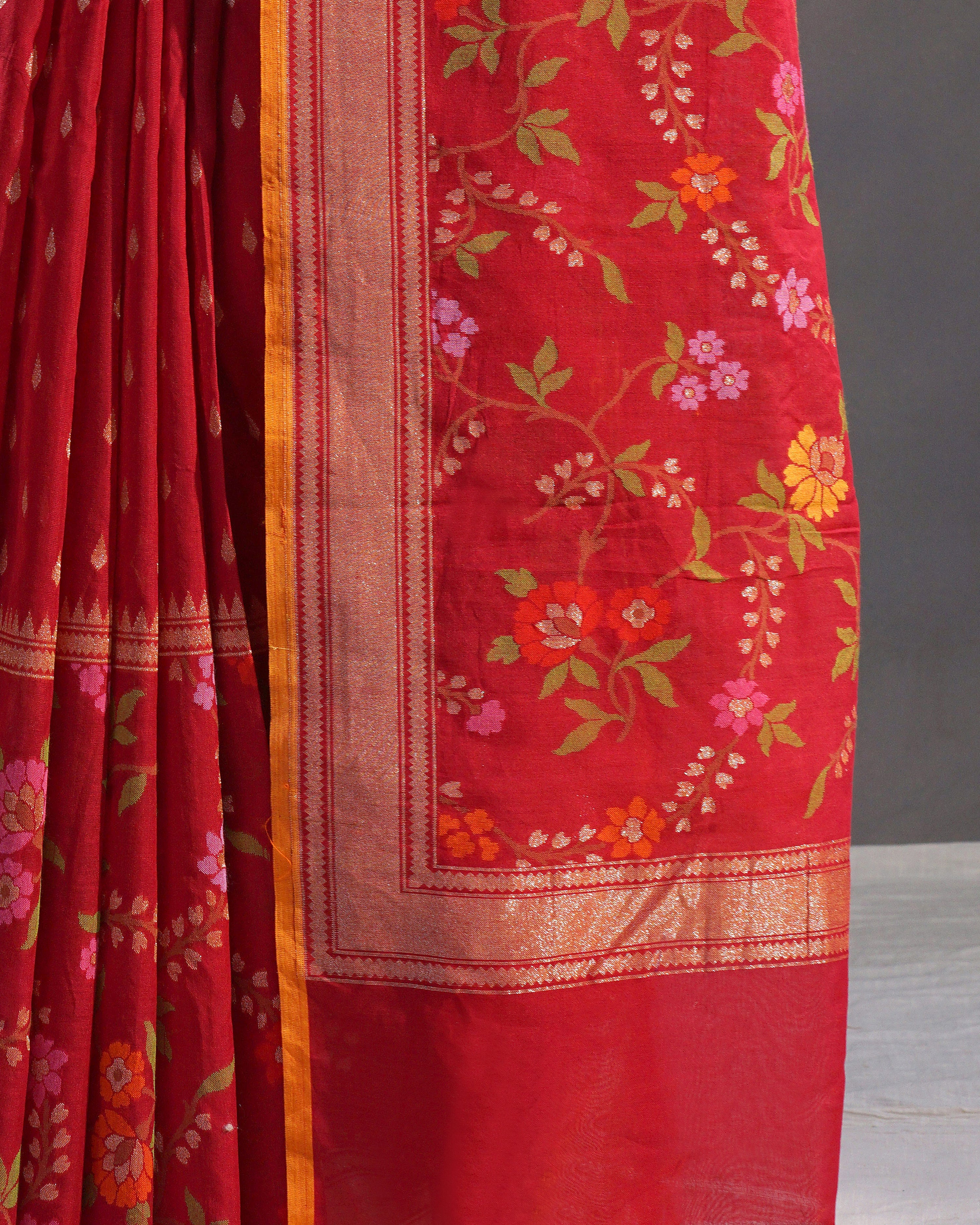 Surkhi – Banarasi Cotton Jamdani Saree in Deep Red with Gold Buti
