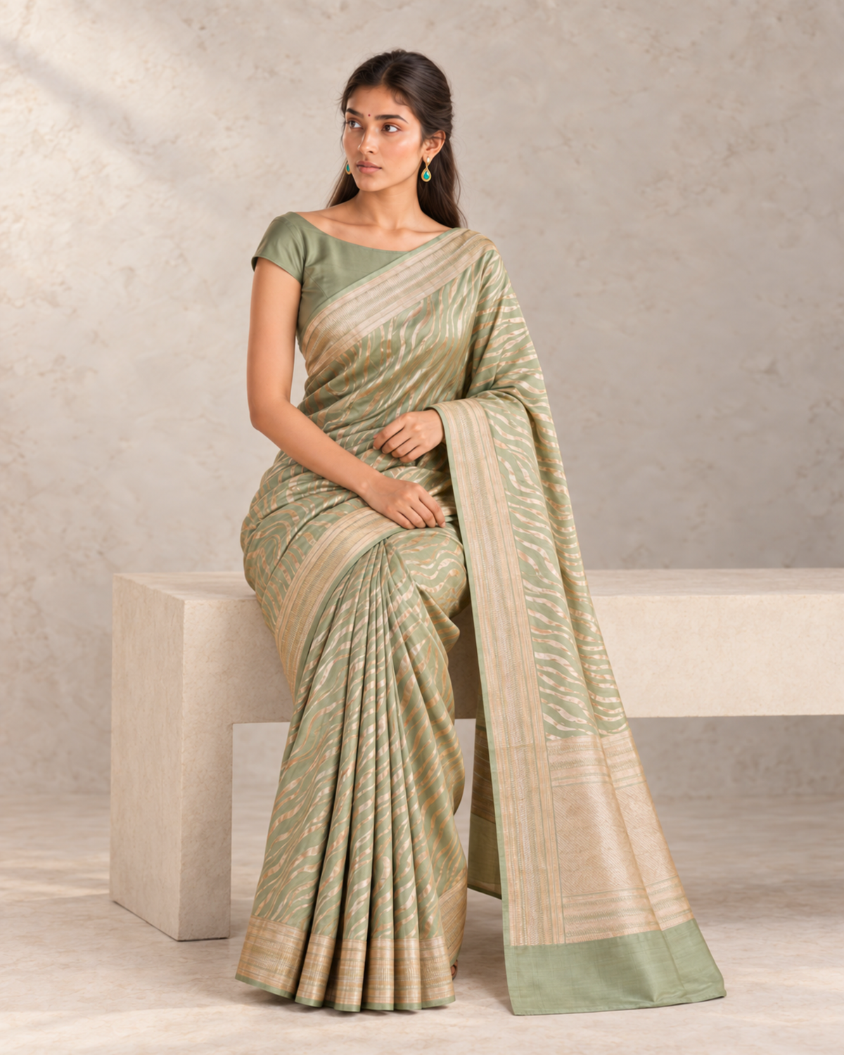 Sabzwari – Pure Katan Silk Banarasi Saree in Sage Green Leheriya Zari