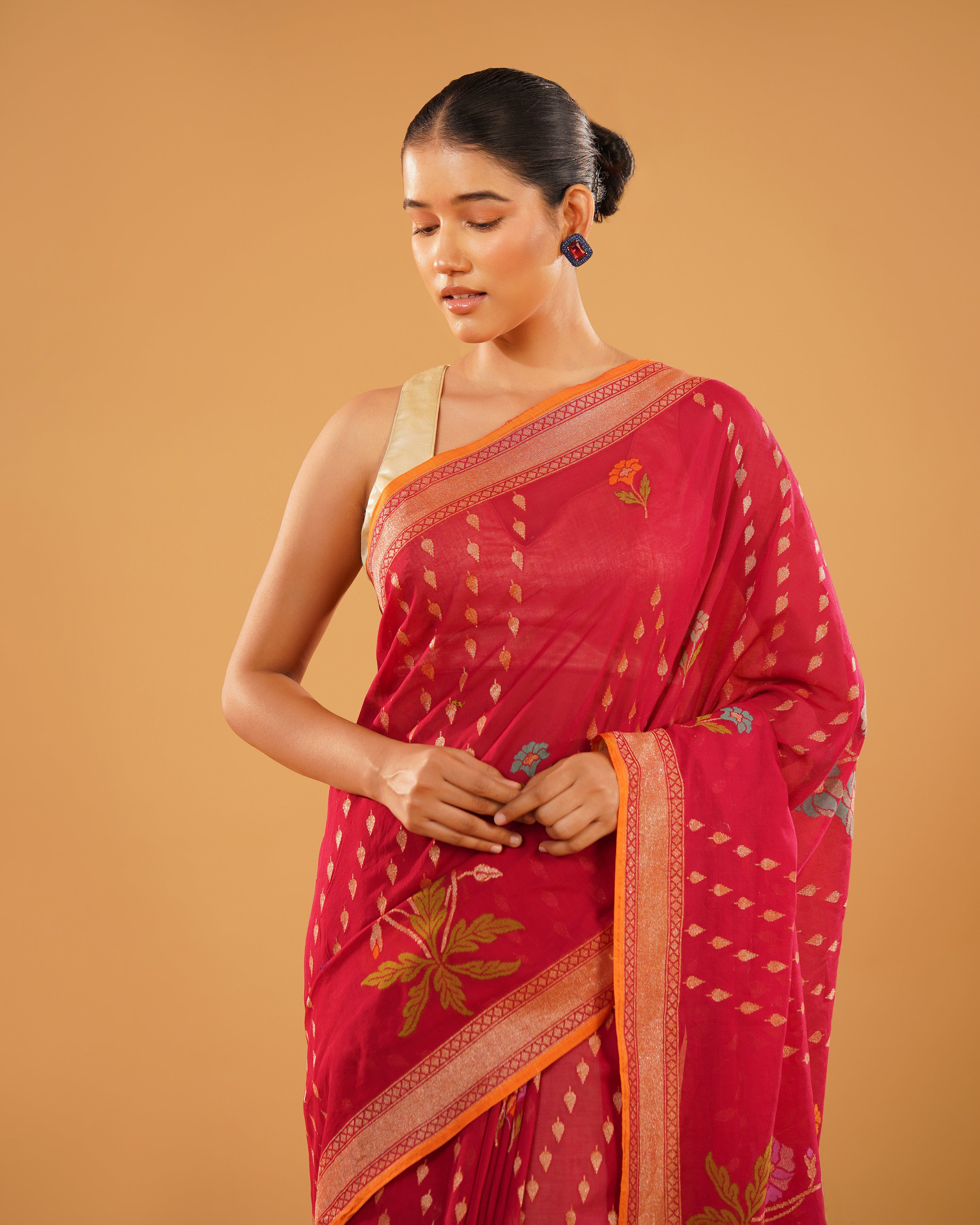 Gulfam – Banarasi Cotton Jamdani Saree in Rani Red with Floral Buti