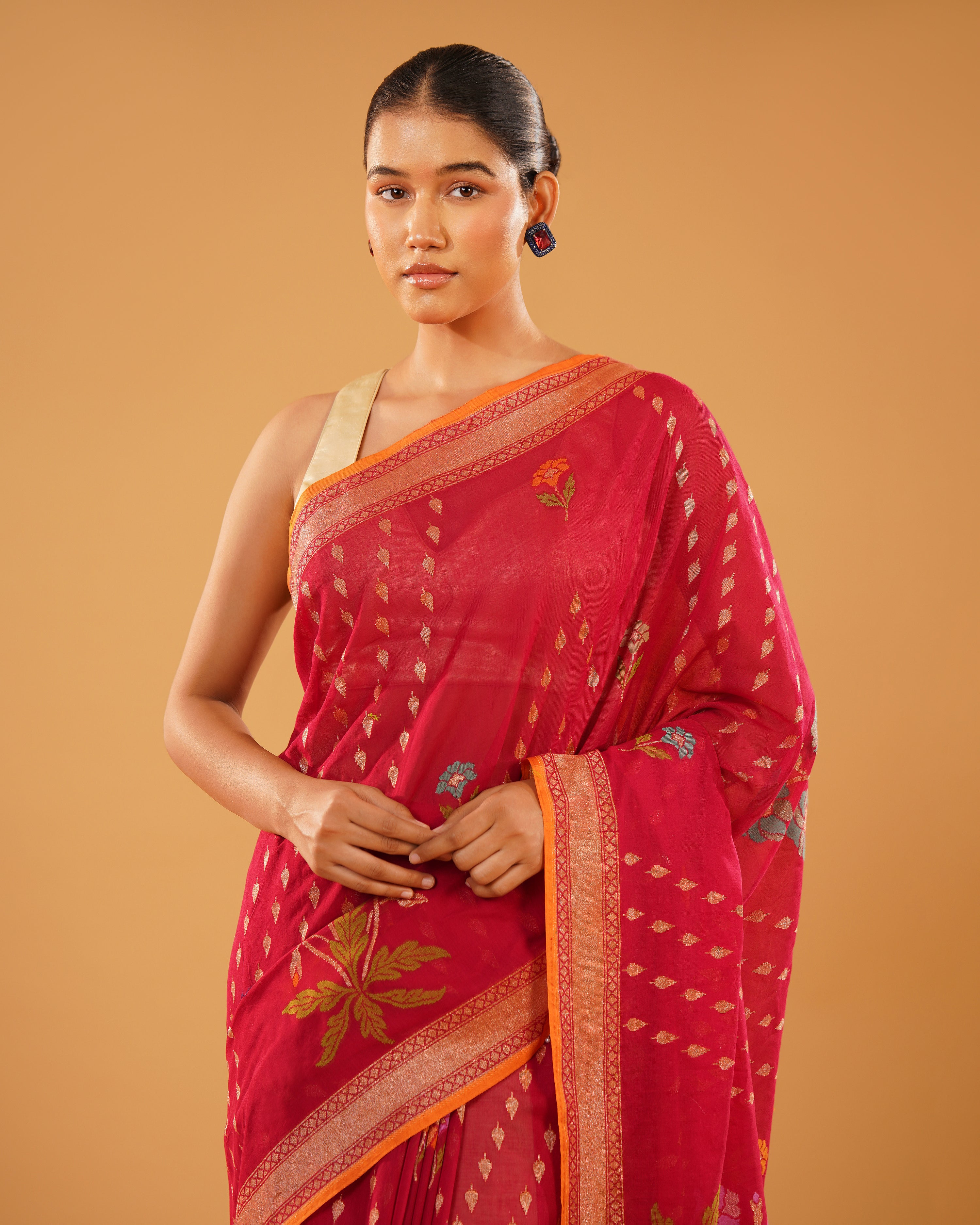 Gulfam – Banarasi Cotton Jamdani Saree in Rani Red with Floral Buti