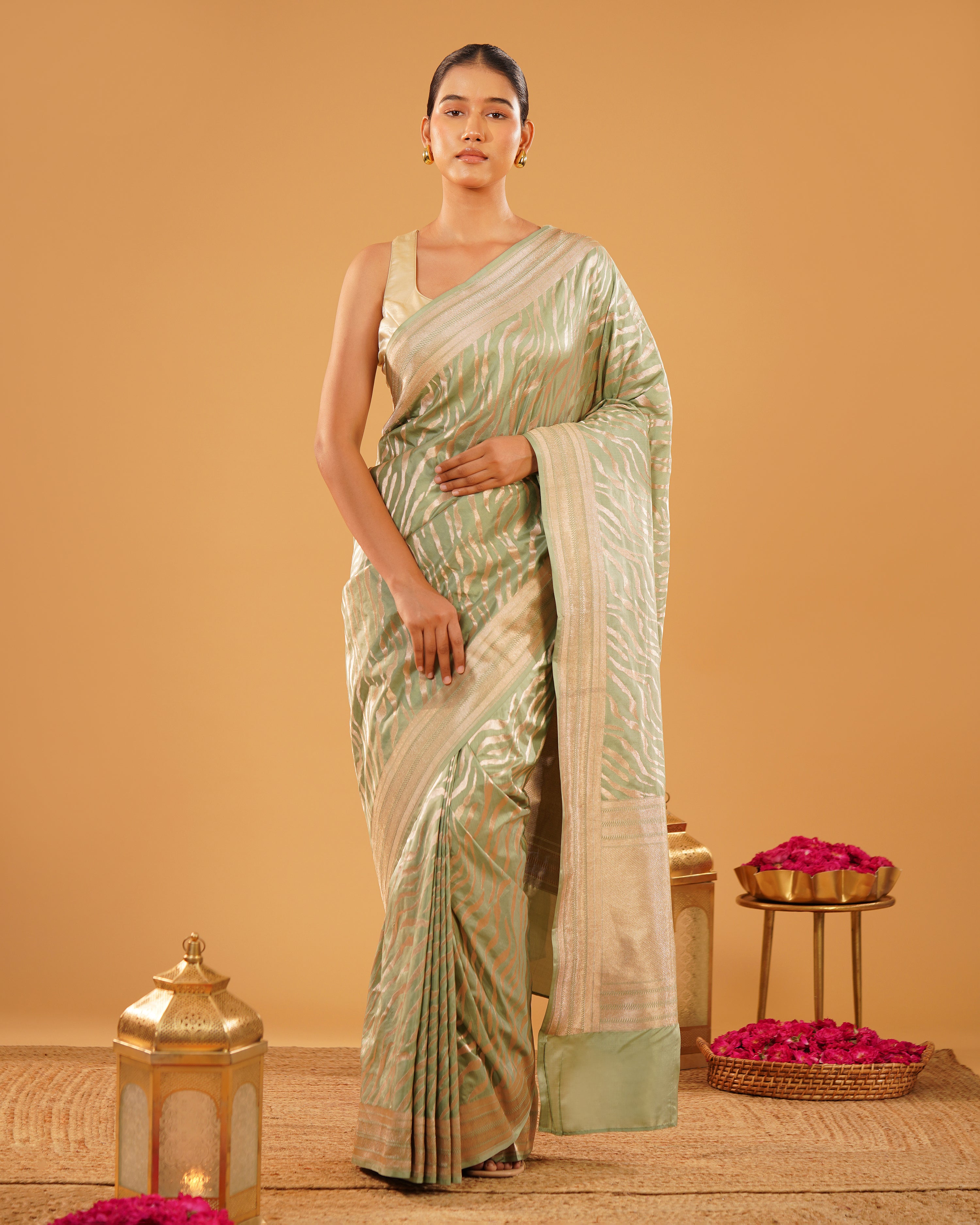 Sabzwari – Pure Katan Silk Banarasi Saree in Sage Green Leheriya Zari