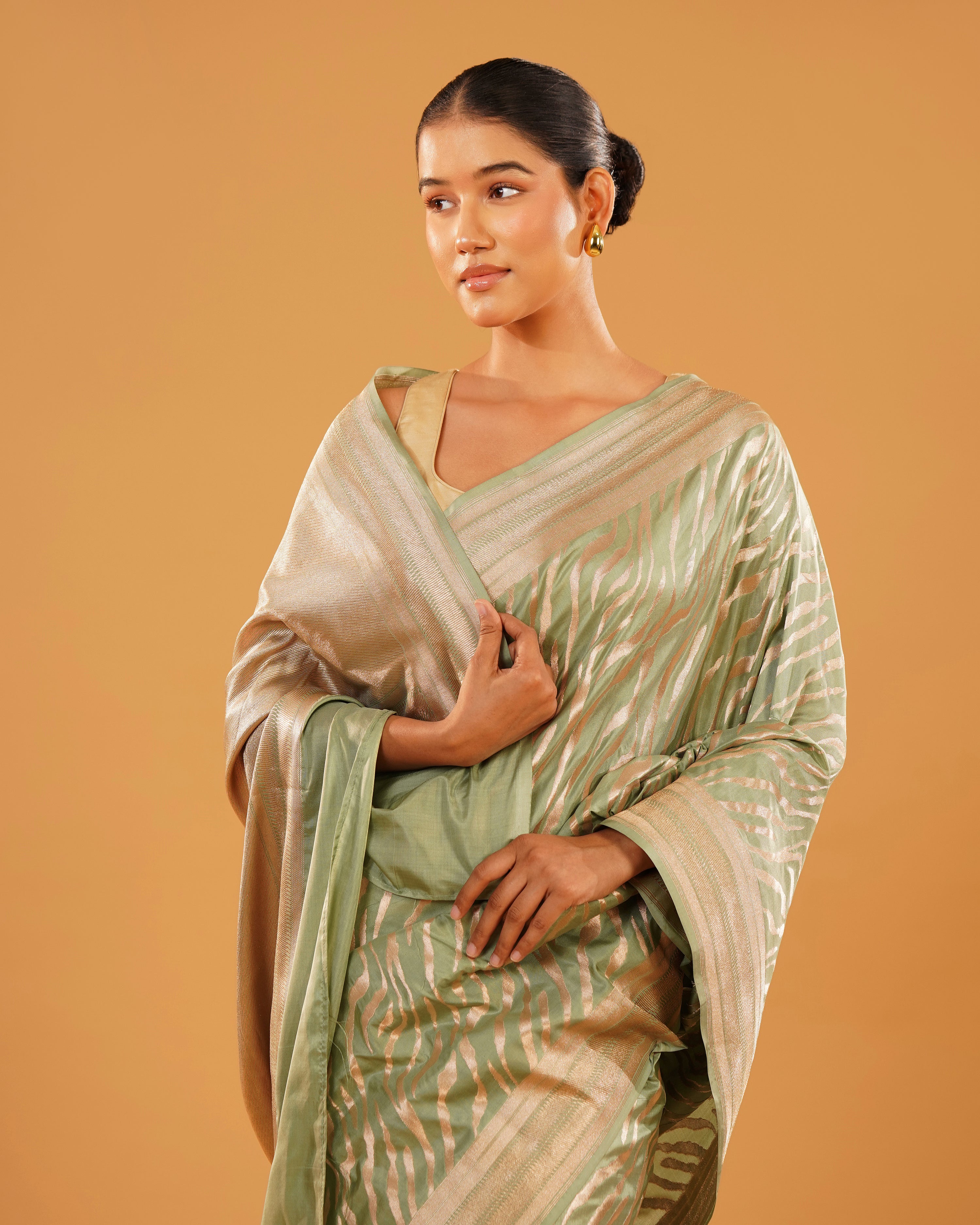 Sabzwari – Pure Katan Silk Banarasi Saree in Sage Green Leheriya Zari
