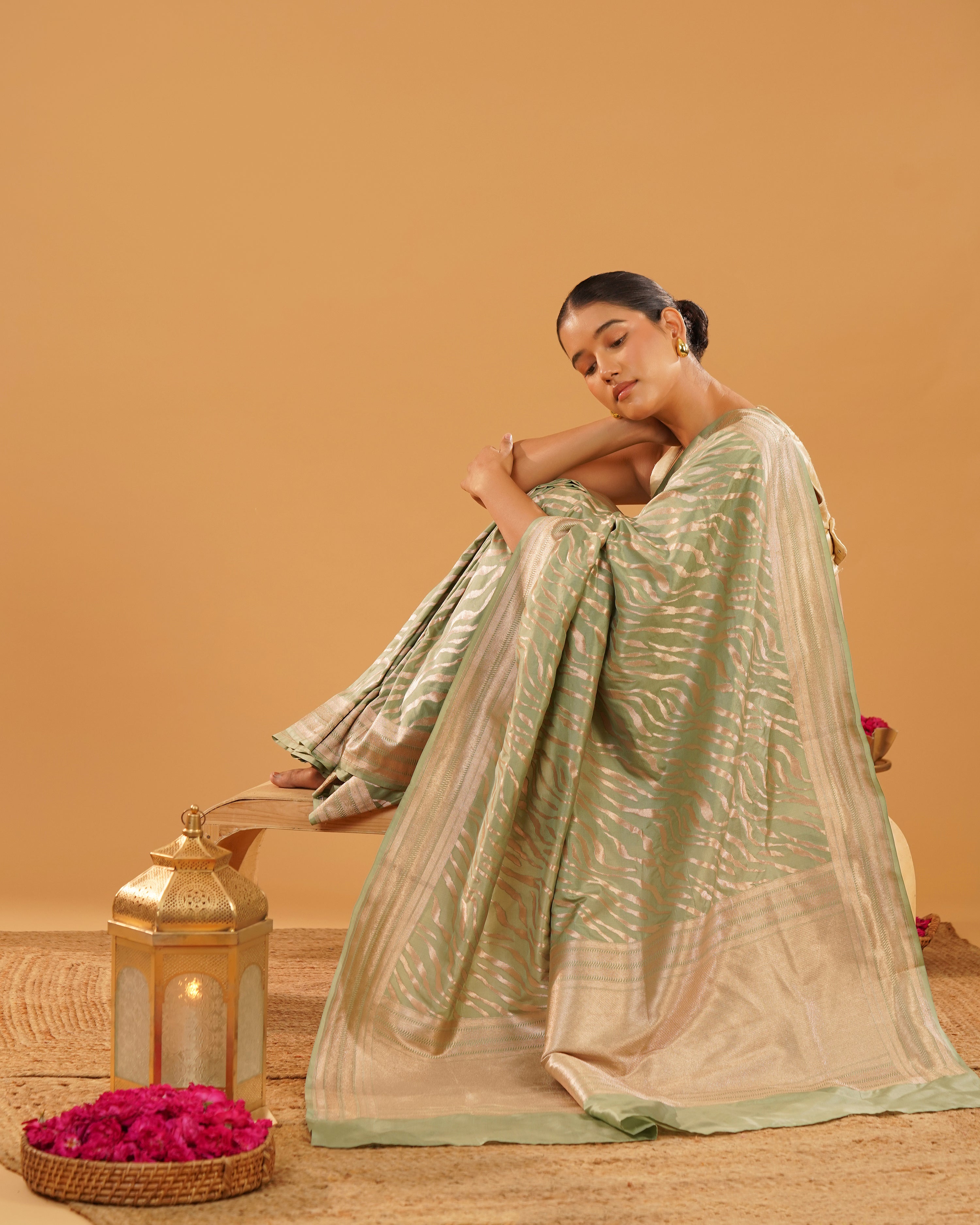 Sabzwari – Pure Katan Silk Banarasi Saree in Sage Green Leheriya Zari