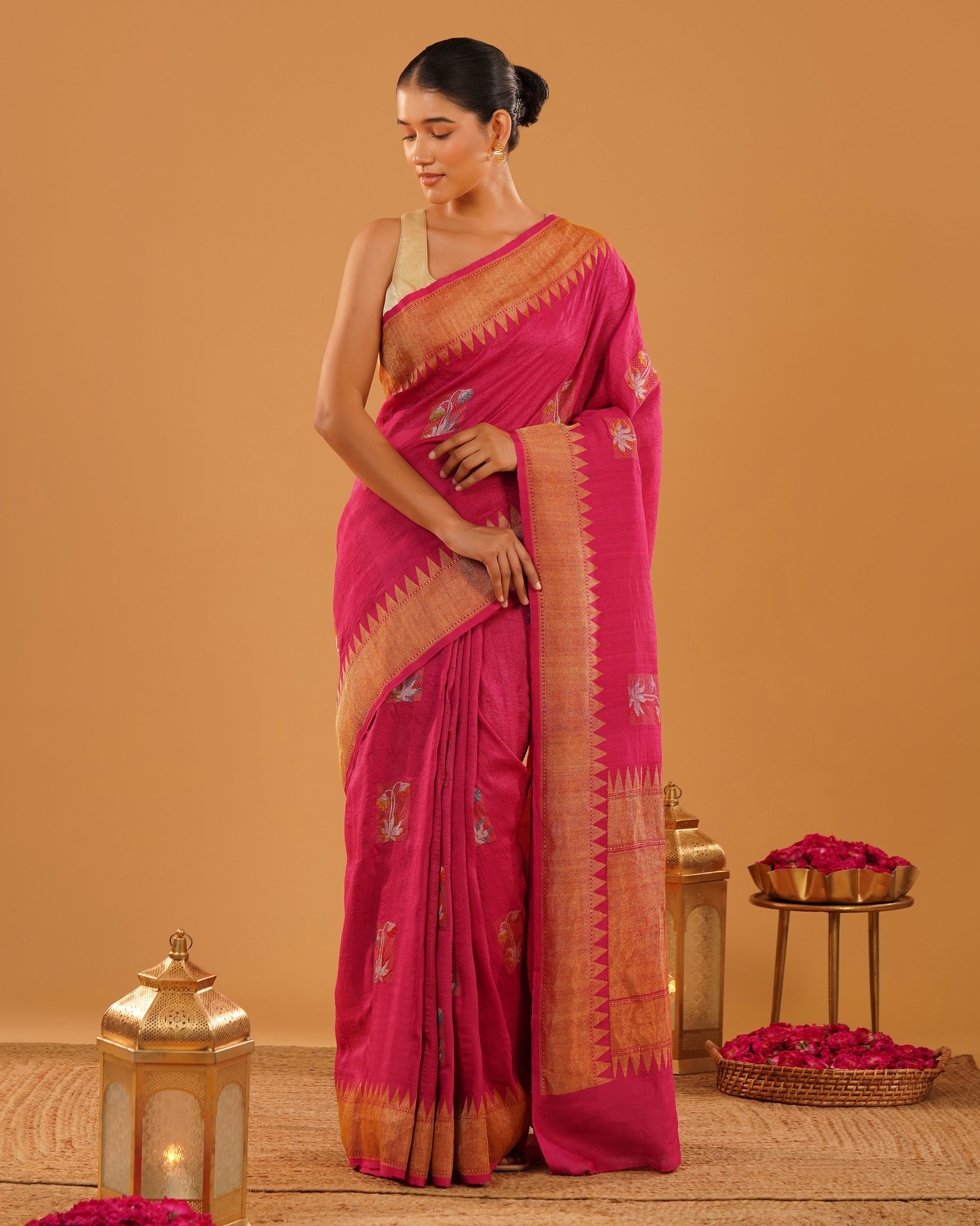 Rangrez – Pure Tussar Silk Saree in Rani Pink with Temple Border