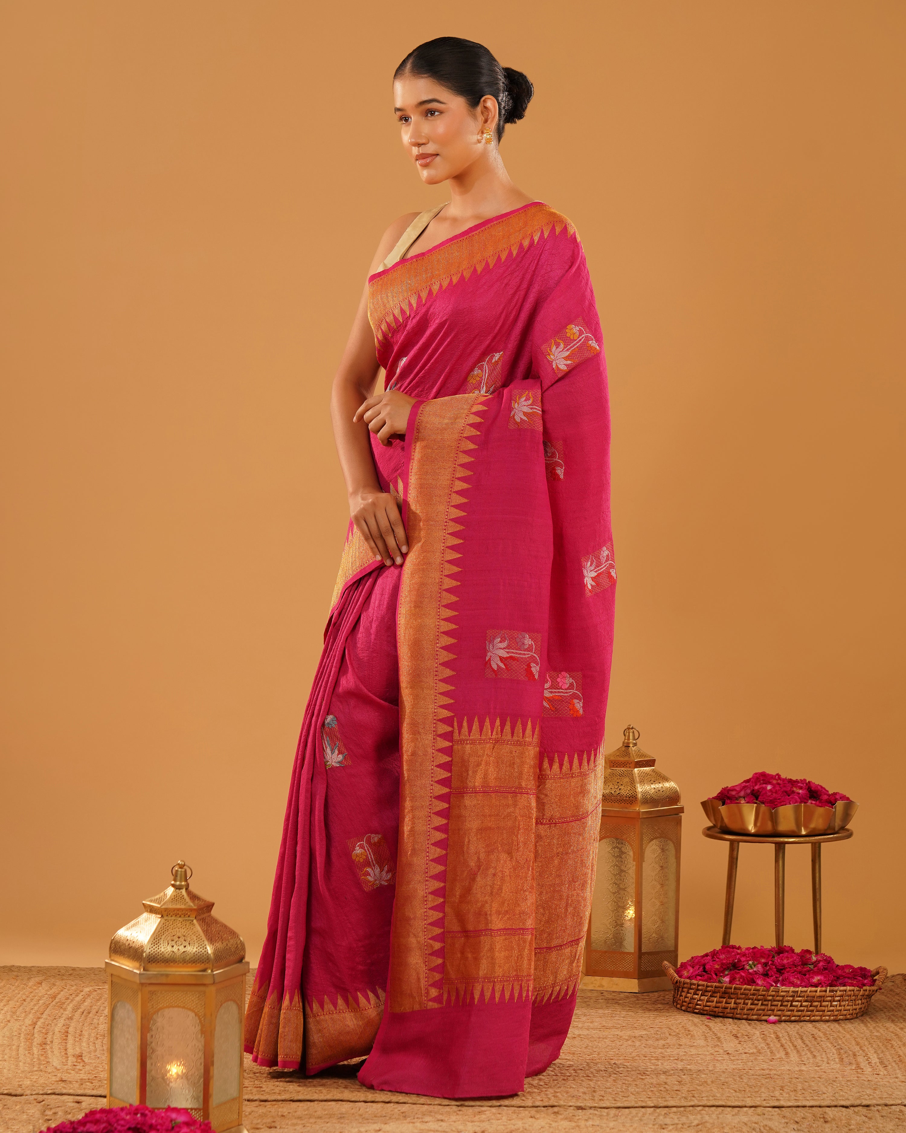 Rangrez – Pure Tussar Silk Saree in Rani Pink with Temple Border