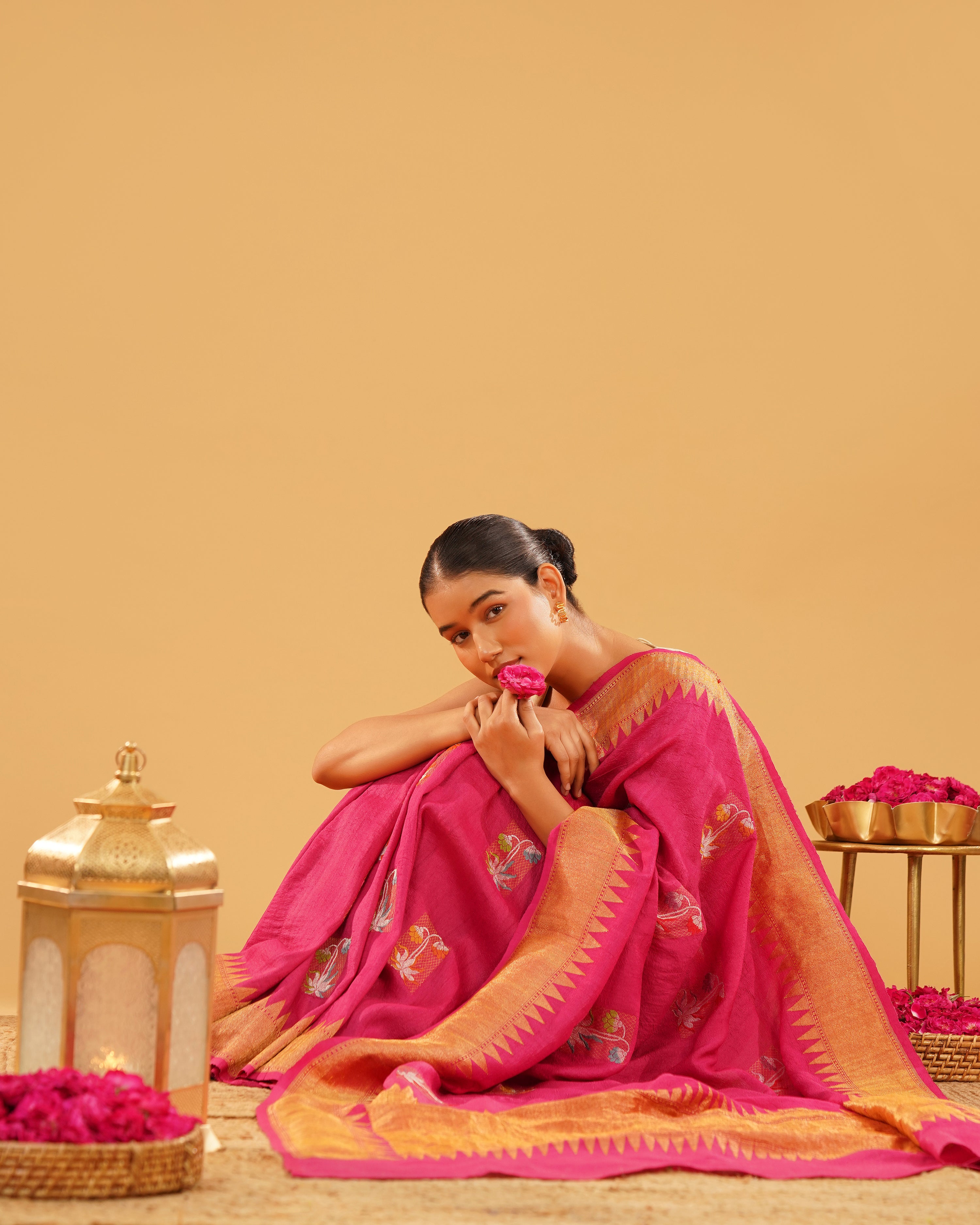 Rangrez – Pure Tussar Silk Saree in Rani Pink with Temple Border