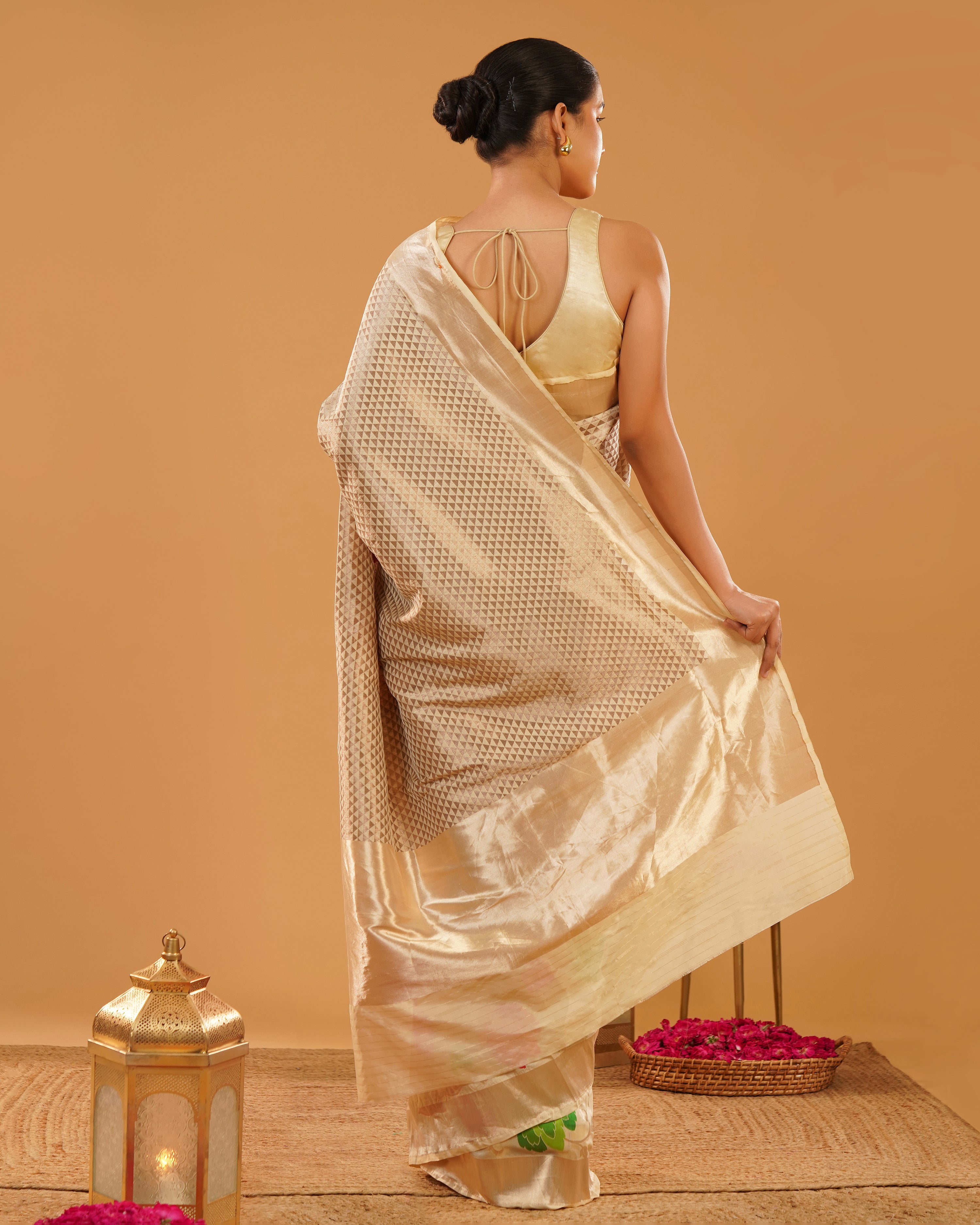 Noorjahan – Banarasi Tissue Silk Saree in Ivory Gold with Meenakari Florals
