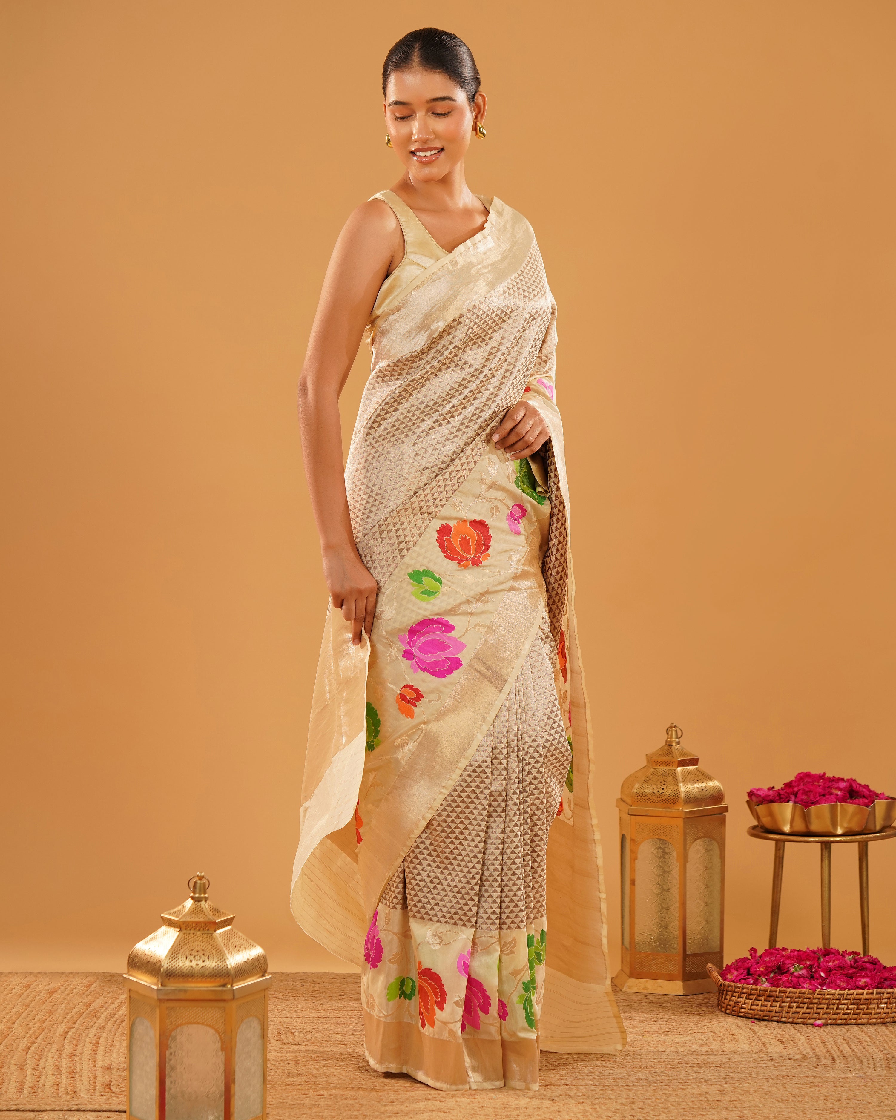 Noorjahan – Banarasi Tissue Silk Saree in Ivory Gold with Meenakari Florals