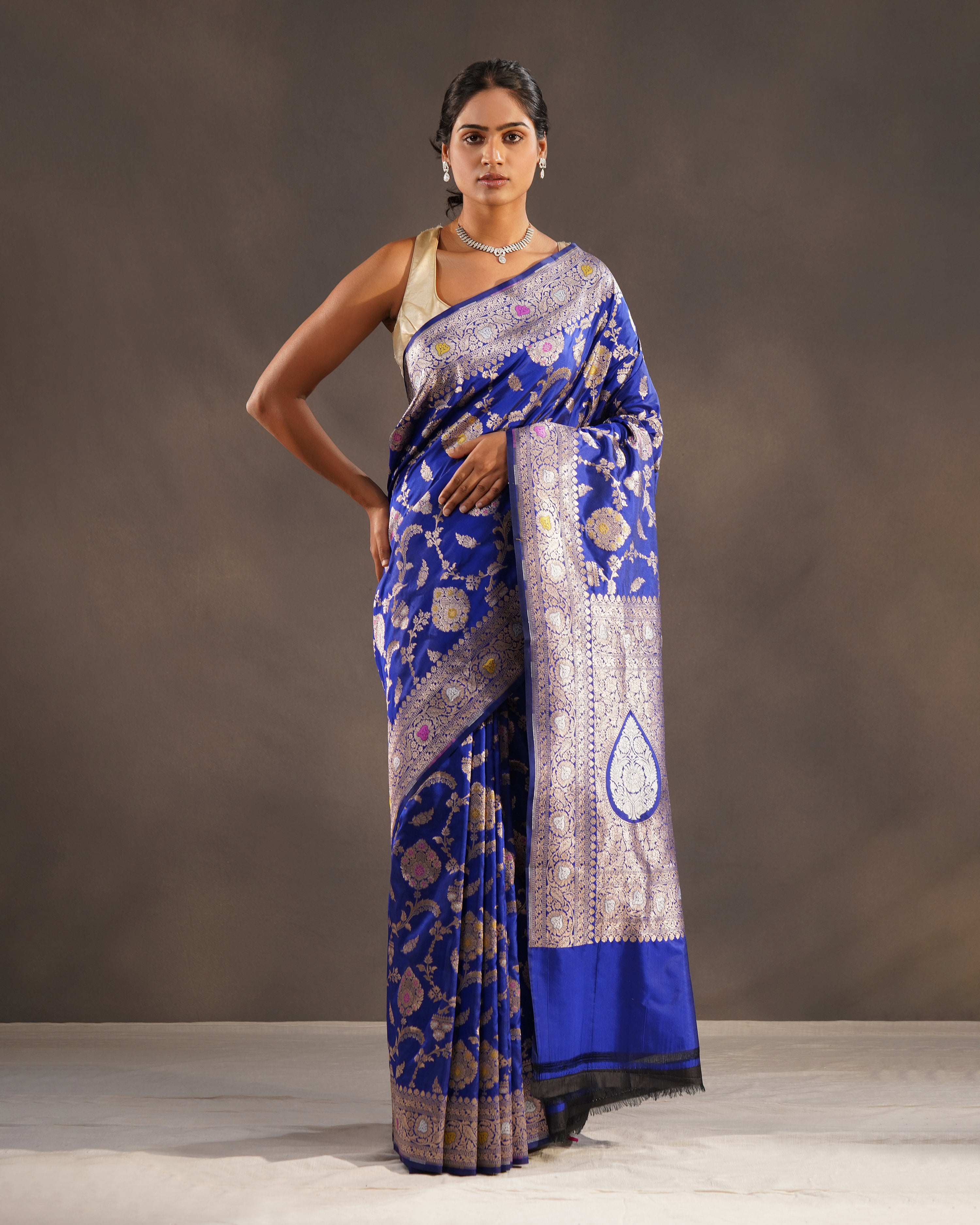 Nilgoon – Pure Katan Silk Banarasi Saree in Royal Blue with Gold Meenakari Jaal