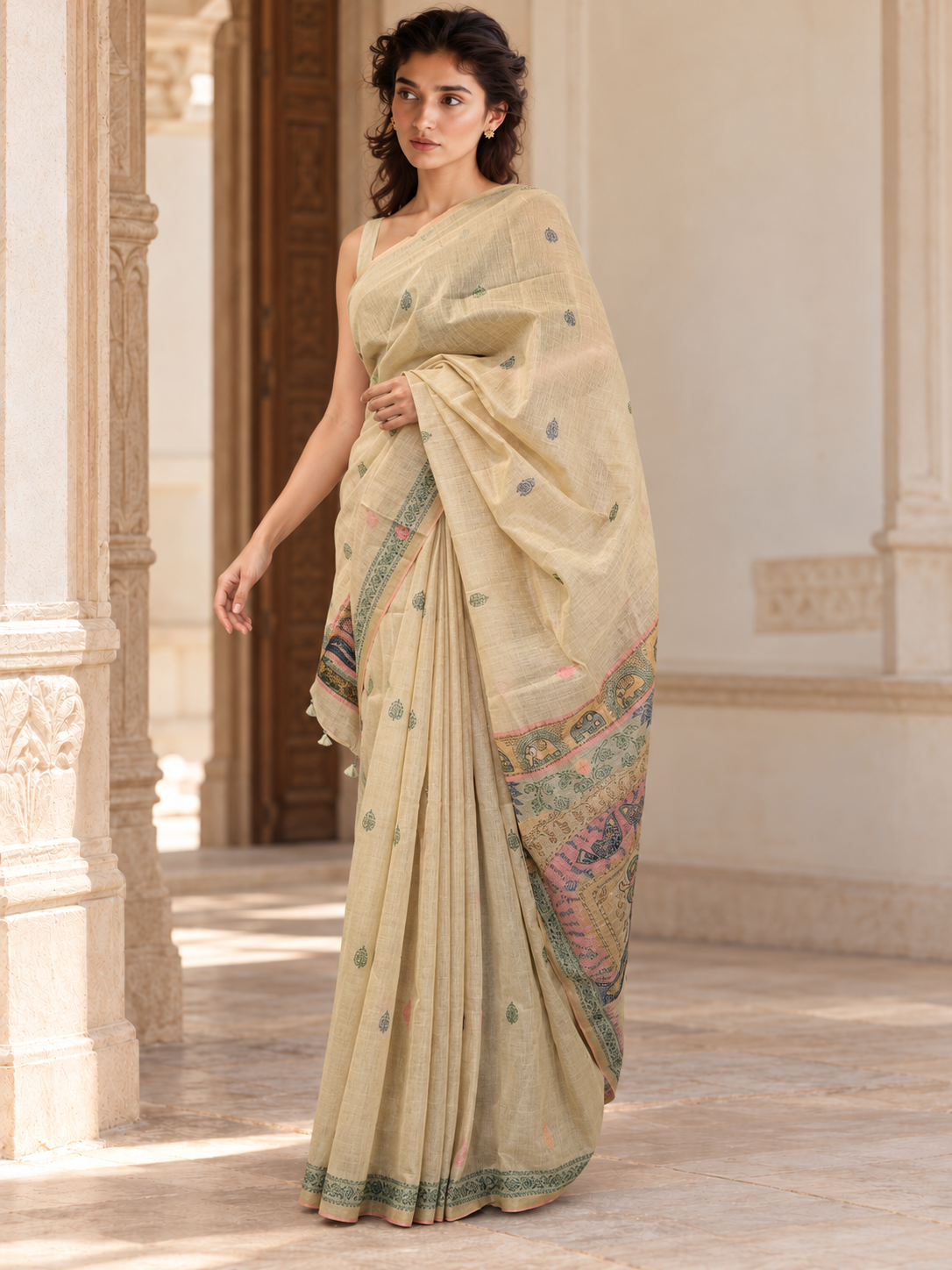 Front view of cream cotton saree with loose pallu drape