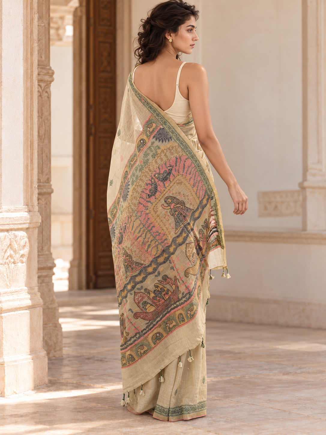 Rear view of cream cotton saree showing multicolour figurative pallu and tassels