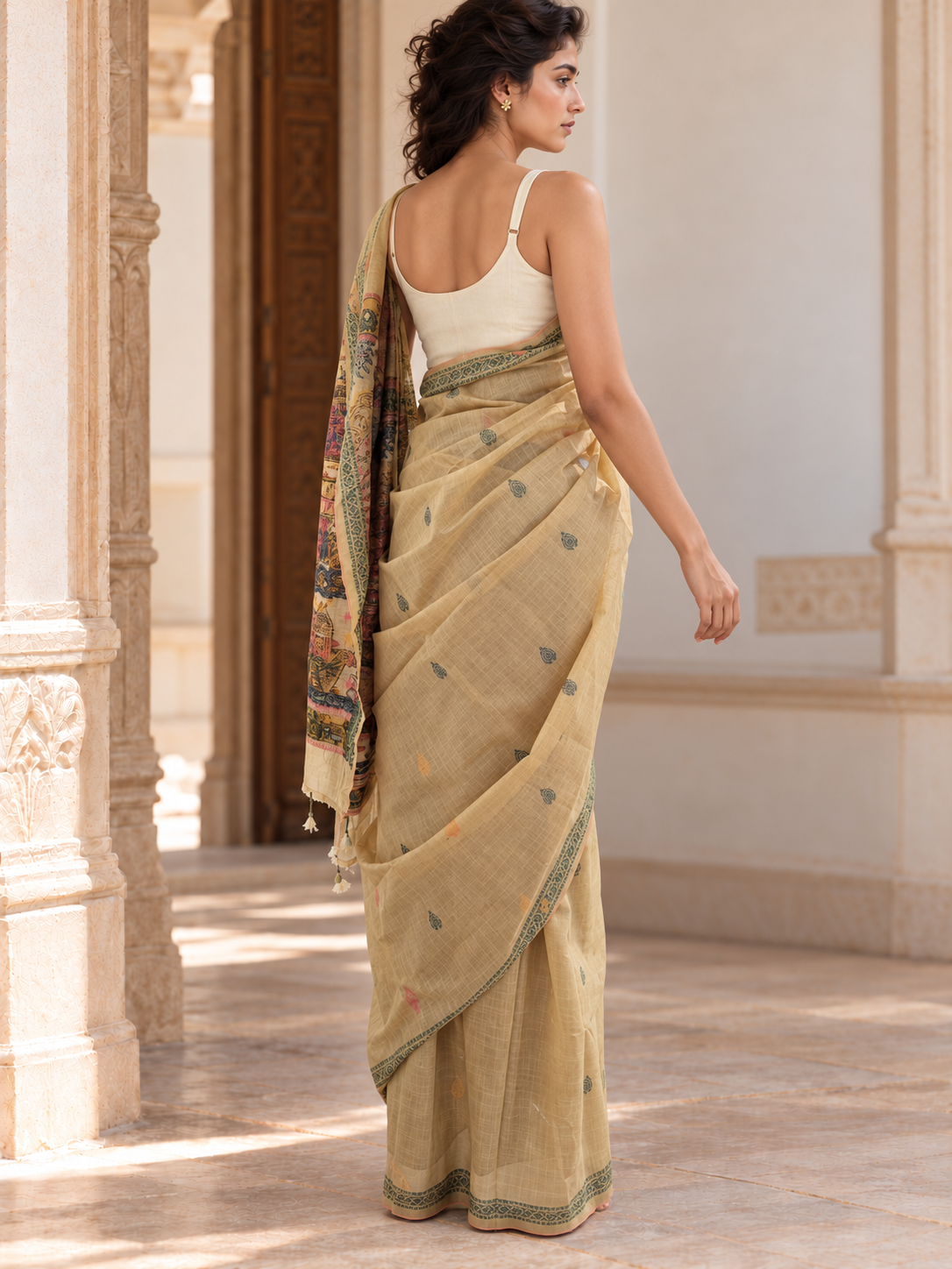 Rear view of cream cotton saree body and folded pallu