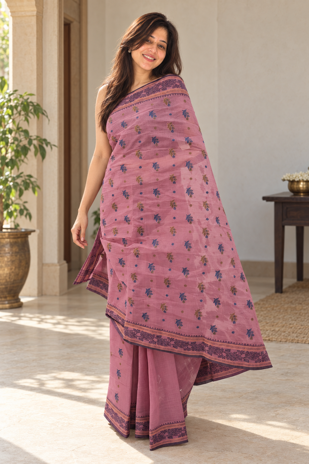 Front open drape of dusty rose cotton saree showing small motifs