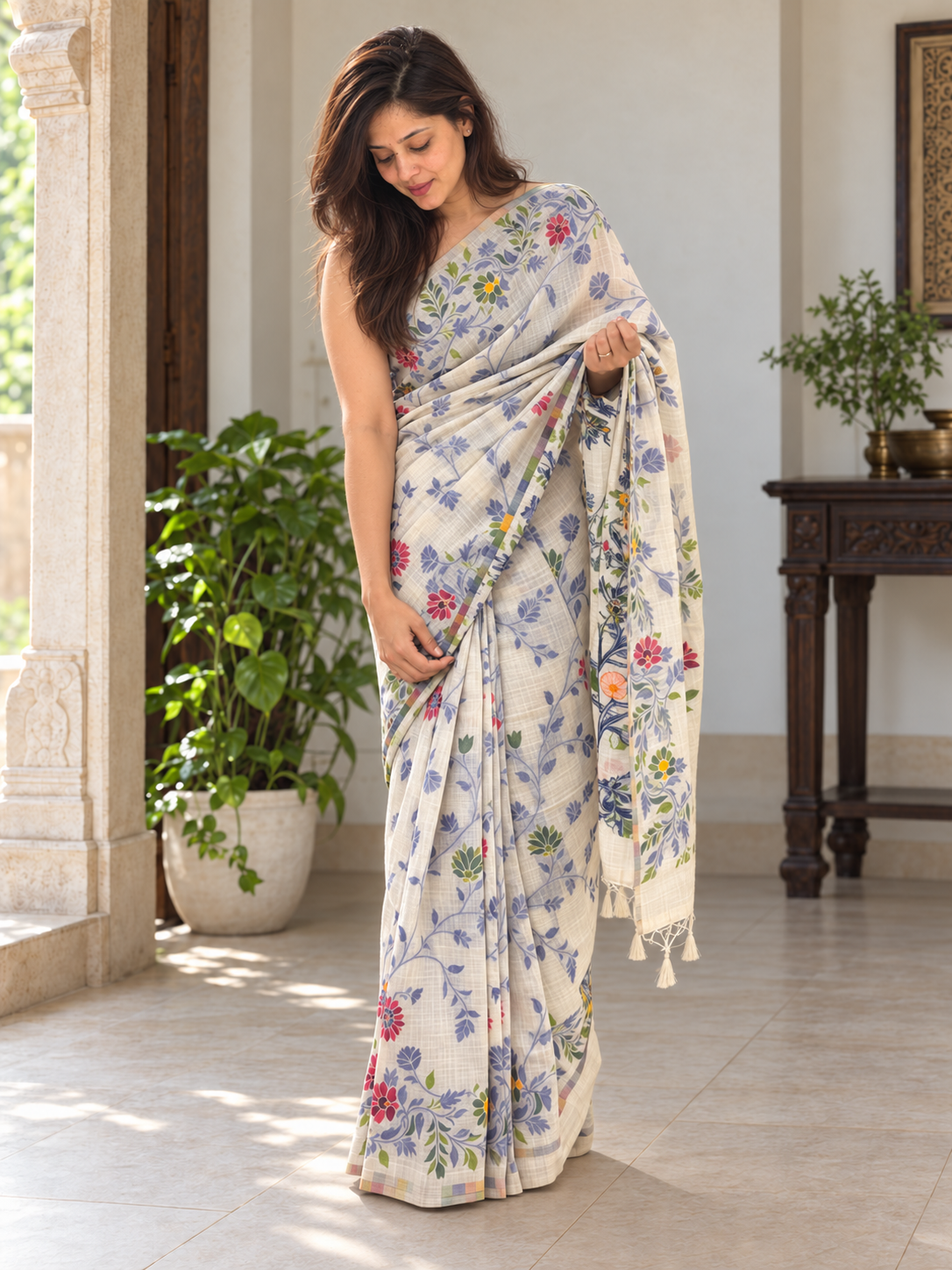 Closer front view of ivory floral cotton saree
